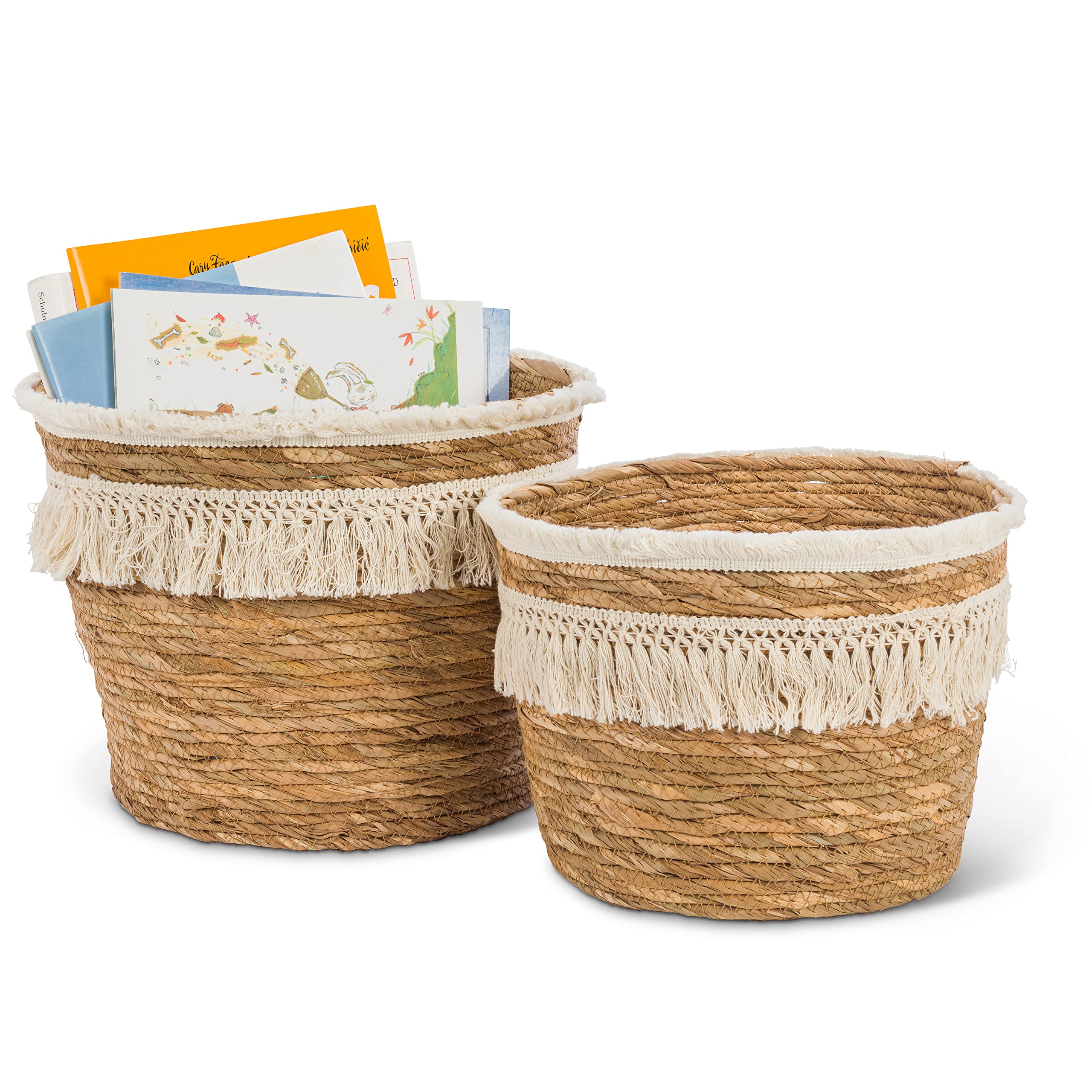 Abbott Collection Set of 2 Natural Woven Baskets with Fringe - Boho Home Decor for Living Room, Bedroom Storage & Farmhouse Style Organizing
