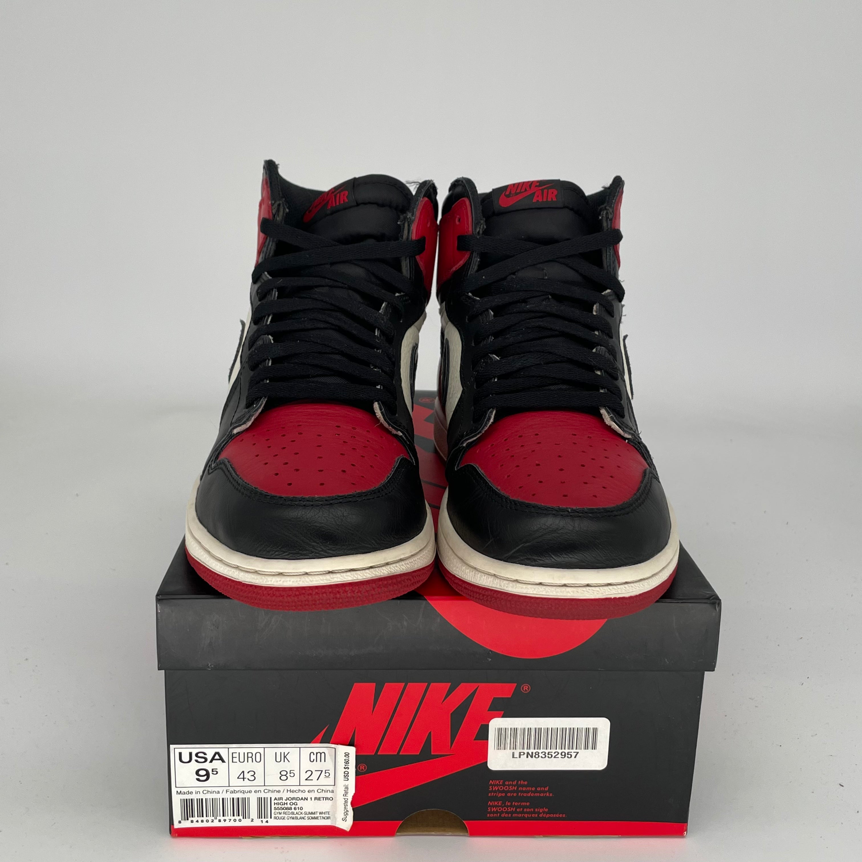 AIR JORDAN 1 BRED TOE Men's Basketball Shoes Size 9.5 (555088-610) - Retro High Tops for Sneaker Collectors & Streetwear Fashion