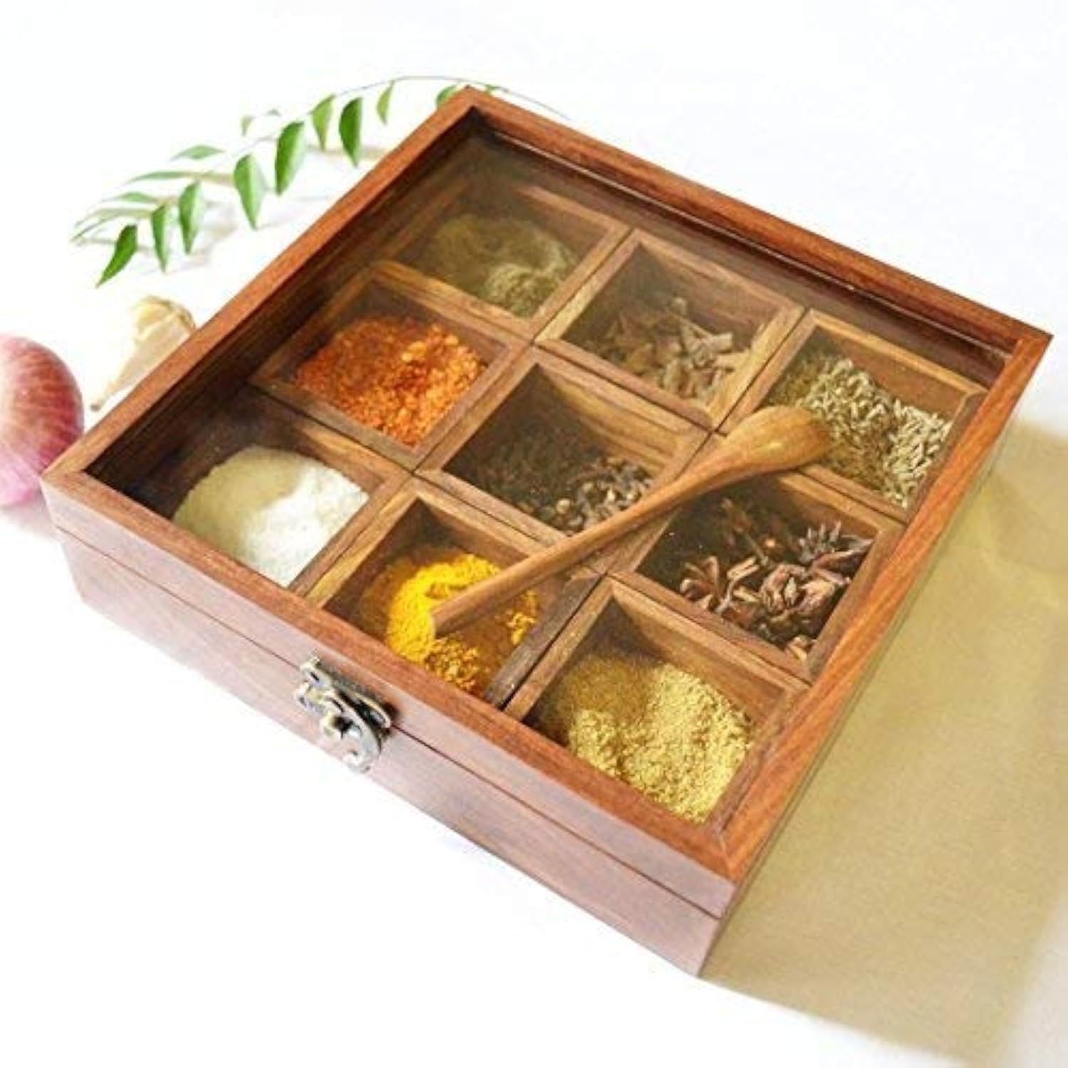 Premium Wooden Spice Box with Transparent Lid & Spoon - Perfect for Indian Cooking, Spice Storage & Kitchen Organization
