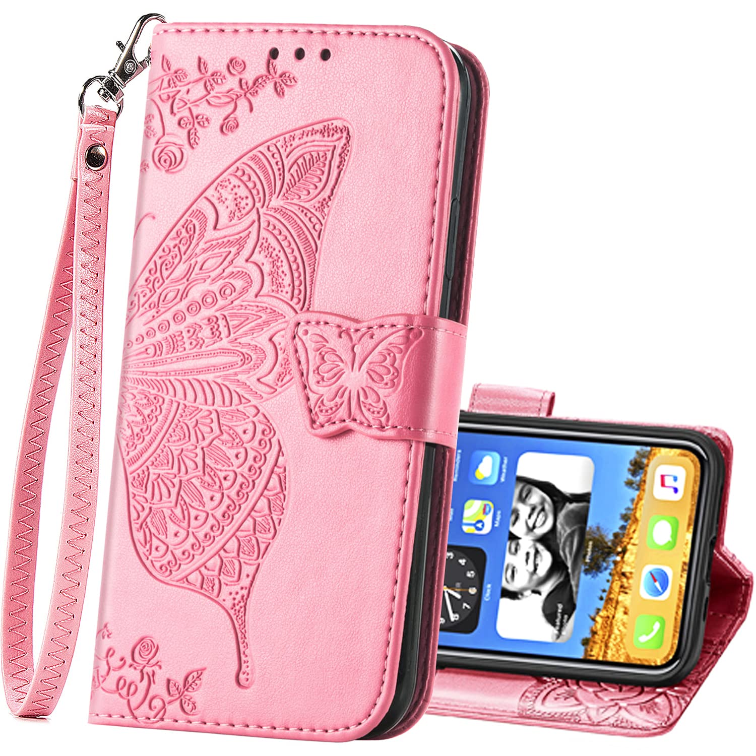 Premium PU Leather Wallet Case for iPhone 13 Pro Max - Flip Cover with Card Slots, Wrist Strap & Kickstand | Butterfly Flower Embossed Design in Pink | Perfect for Everyday Use, Travel & Hands-Free Convenience