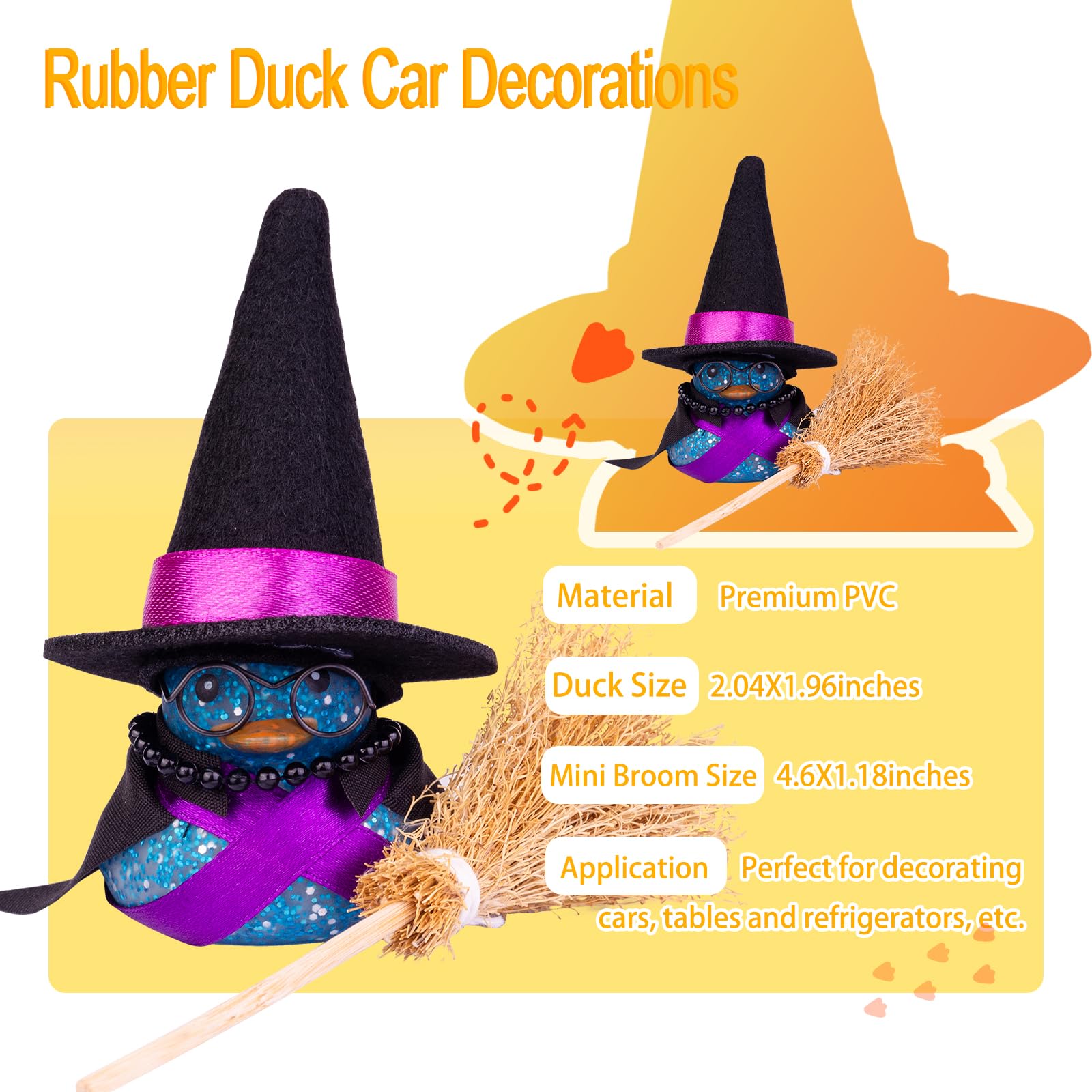 Funny Car Rubber Duck Ornament with Mini Witch Hat, Sunglasses & Necklace - Cute Dashboard Decor for Winter & Halloween - Perfect Gift for Car Lovers & Duck Collectors (Great for Office Desk, Party Favors & Themed Events)