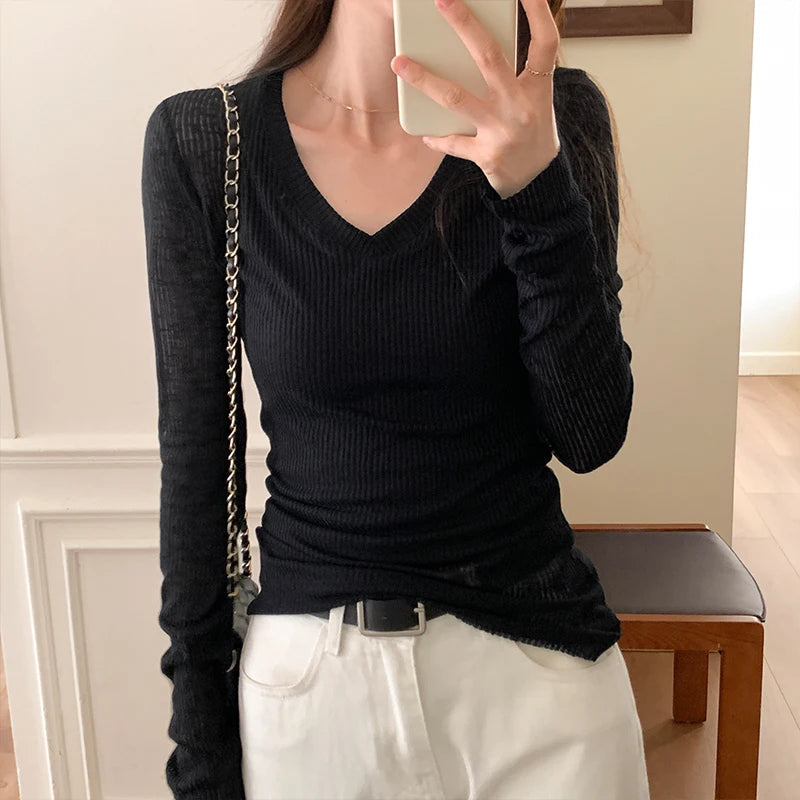 Women's Autumn Sexy V-Neck Knitted T-Shirt - Classic Slim Fit Long Sleeve Stretch Cotton Casual Top for Women | Perfect for Fall Layering, Office Wear & Date Night Outfits