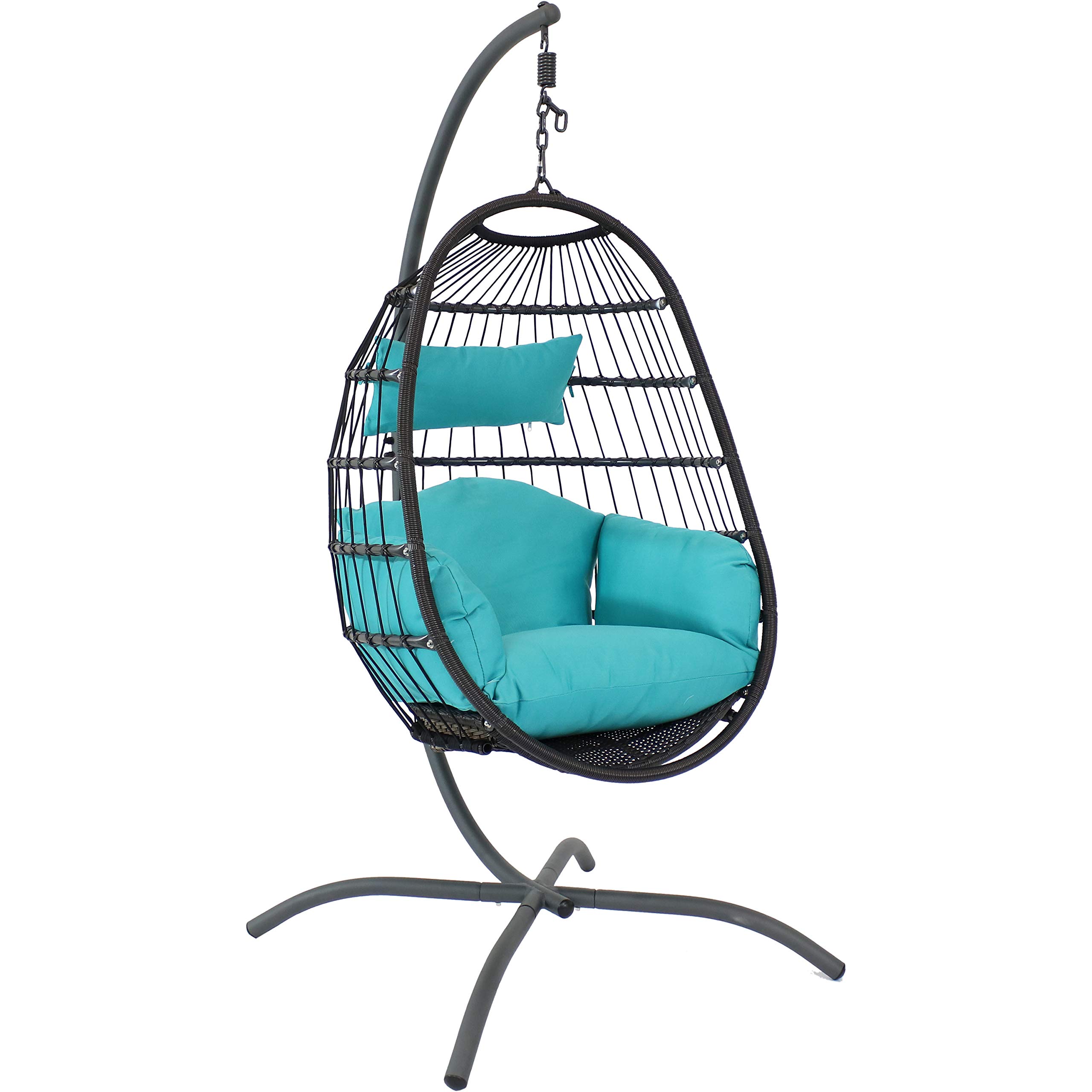 Sunnydaze Penelope Hanging Egg Chair with Turquoise Seat Cushions & Steel Stand - 78-Inch Black Wicker Swing Chair for Patio, Garden, Backyard Relaxation