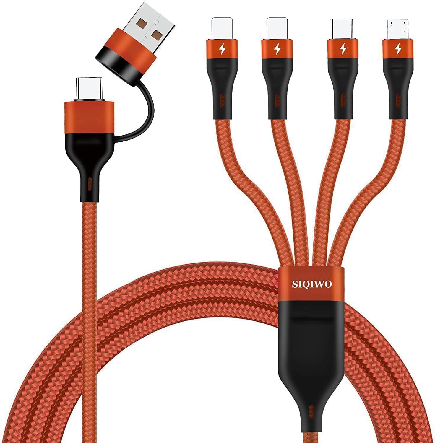 SIQWIO 4-in-1 Multi Charging Cable 3A Fast Charger 4Ft Nylon Braided - USB A/USB C to Micro USB/Type C/Lightning - Compatible with Samsung Galaxy, Pixel, Sony, LG, Nexus Smartphones & Tablets | Perfect for Home, Office, Travel & Car Charging