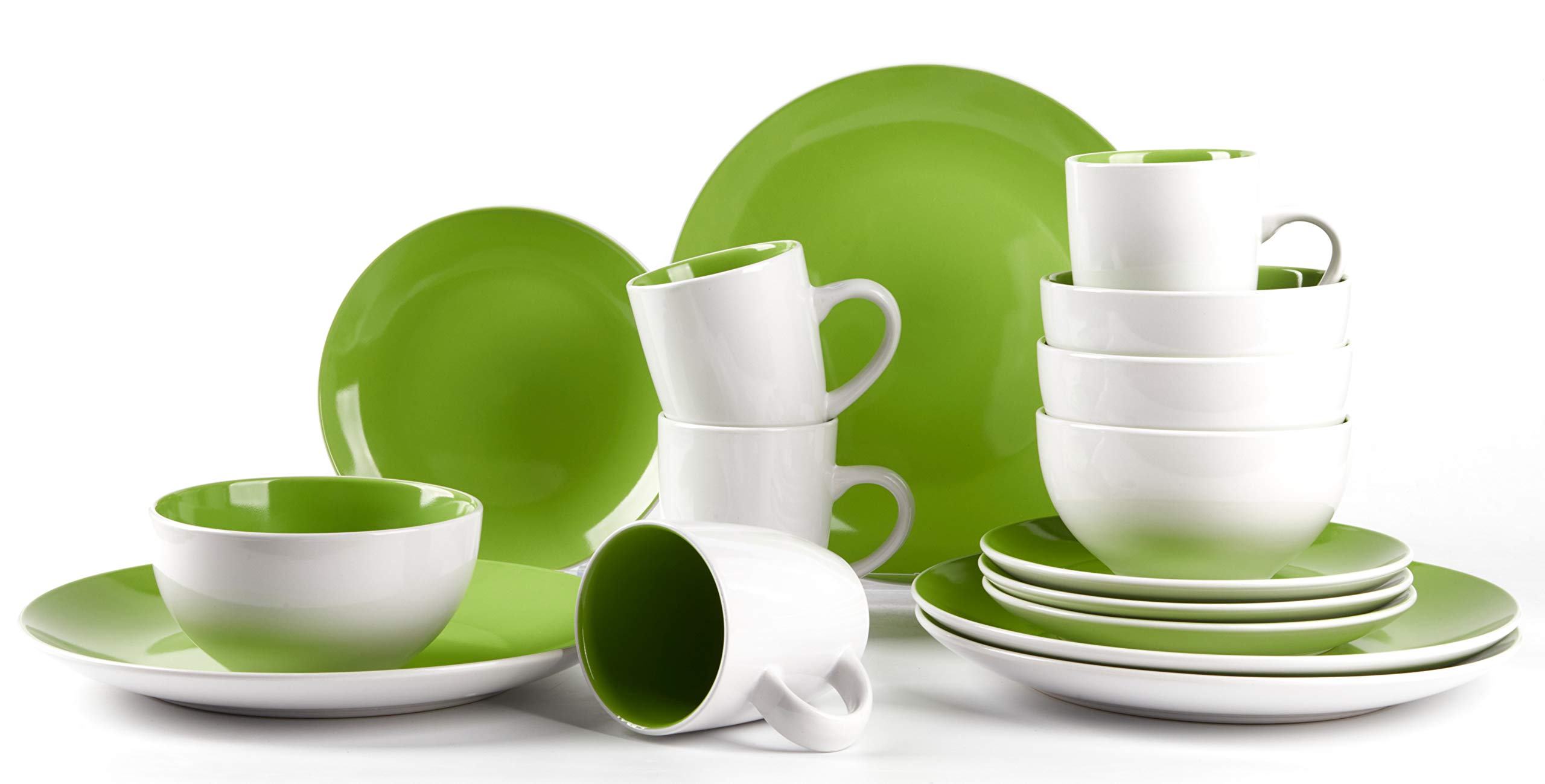 16-Piece Stoneware Dinnerware Set - White Exterior & Bamboo Interior - Elegant Coupe Shape for Everyday Dining & Entertaining