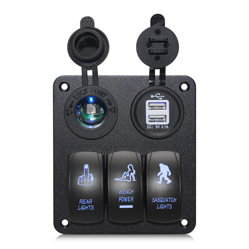 3 Gang Switch Panel with 3.1A 12V/24V USB Power Socket + Cigarette Lighter & LED Light - Heavy Duty Switch Box for Trucks, Cars, RVs, Boats & Off-Road Vehicles | Perfect for Dashboard Accessories & Vehicle Power Management