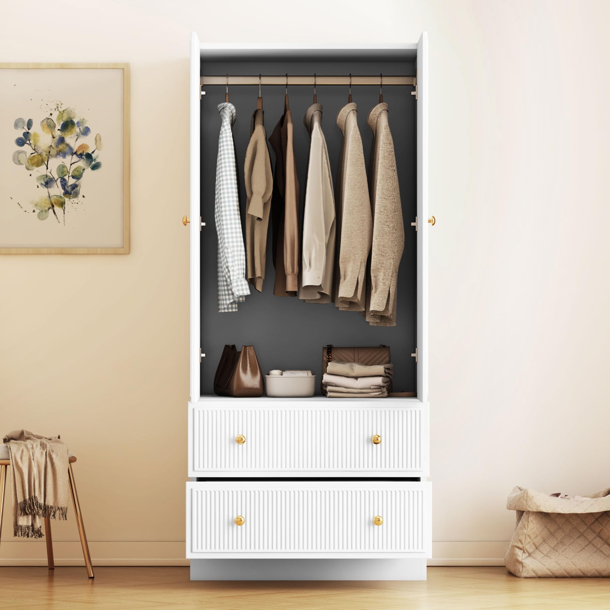 QHITTY Freestanding Bedroom Armoire Wardrobe - White Closet Organizer with 2 Doors, Clothing Rod & 2 Drawers for Clothes Storage | Perfect for Bedroom, Living Room & Dorm Organization