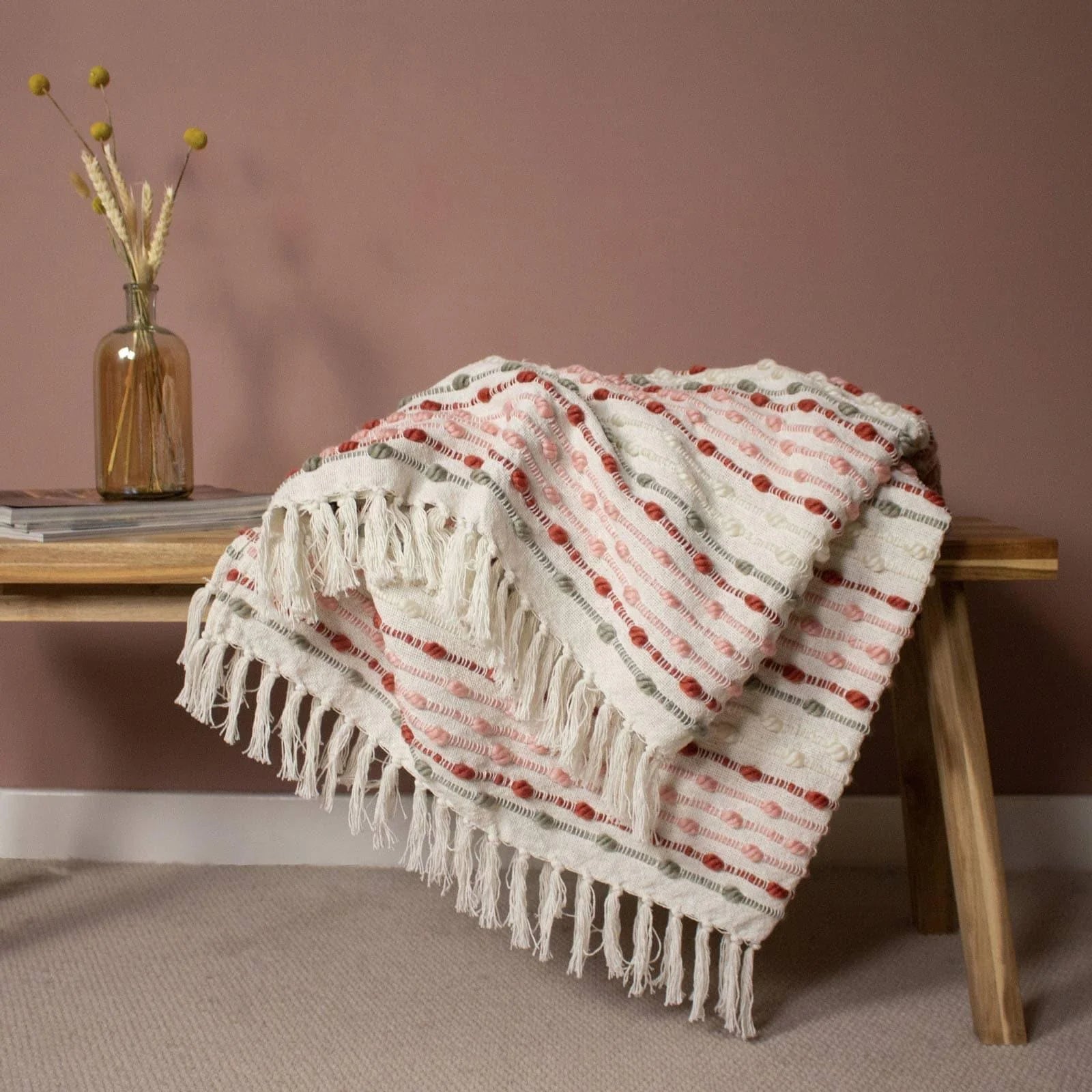 Furn Dhadit Striped Throw Blanket - Soft Blush Pink Cozy Knit - Perfect for Sofa, Bed & Winter Nights