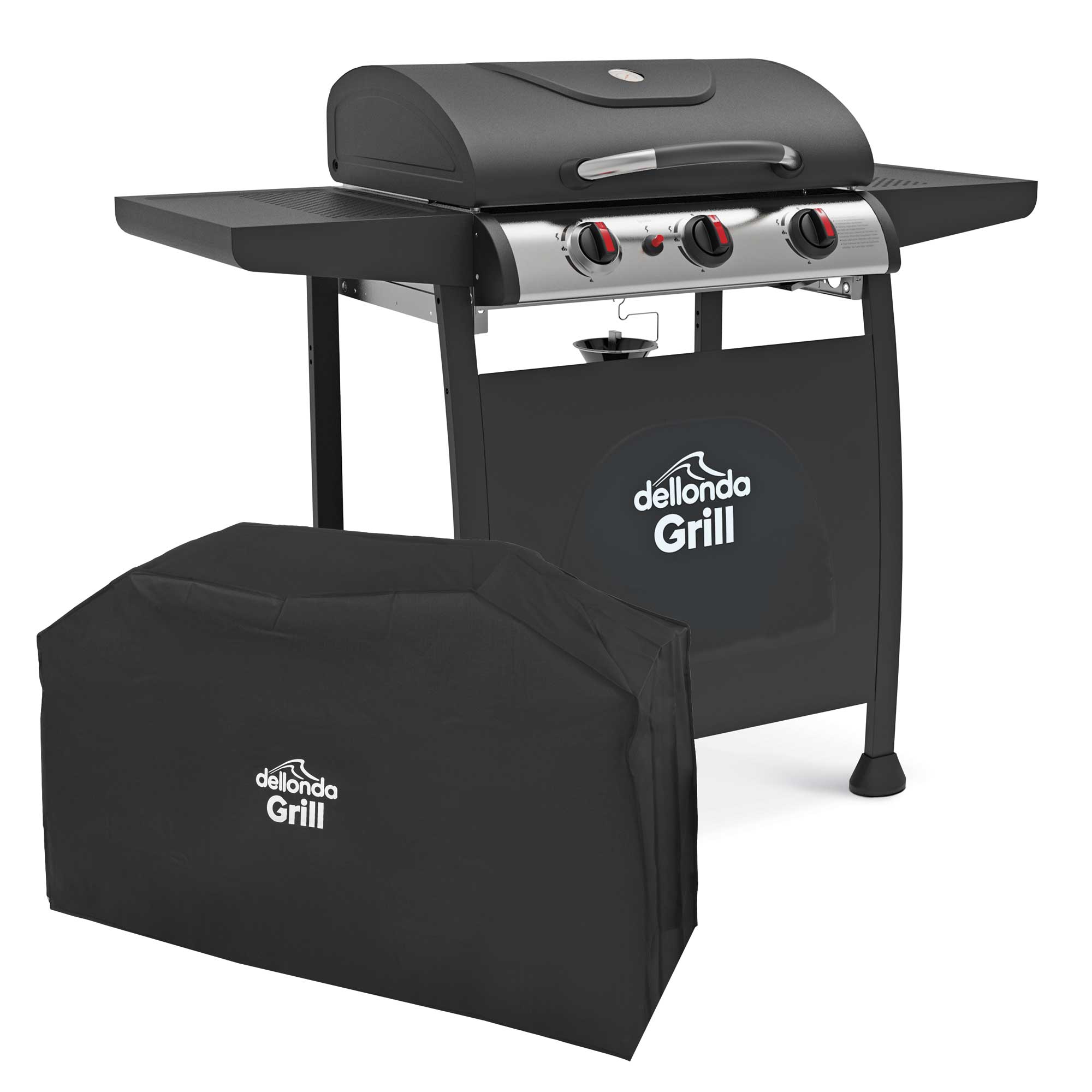 3 Burner Gas BBQ Grill with Piezo Ignition - Built-In Thermometer & Weatherproof Cover - Black/Stainless Steel Outdoor Grill for Backyard, Camping & Tailgating - Model DG228