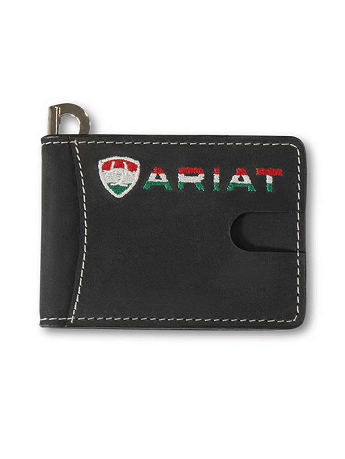 Ariat A3555401 Men's Leather Money Clip Wallet with Mexico Flag Design - Black - Perfect for Everyday Use & Travel Accessories