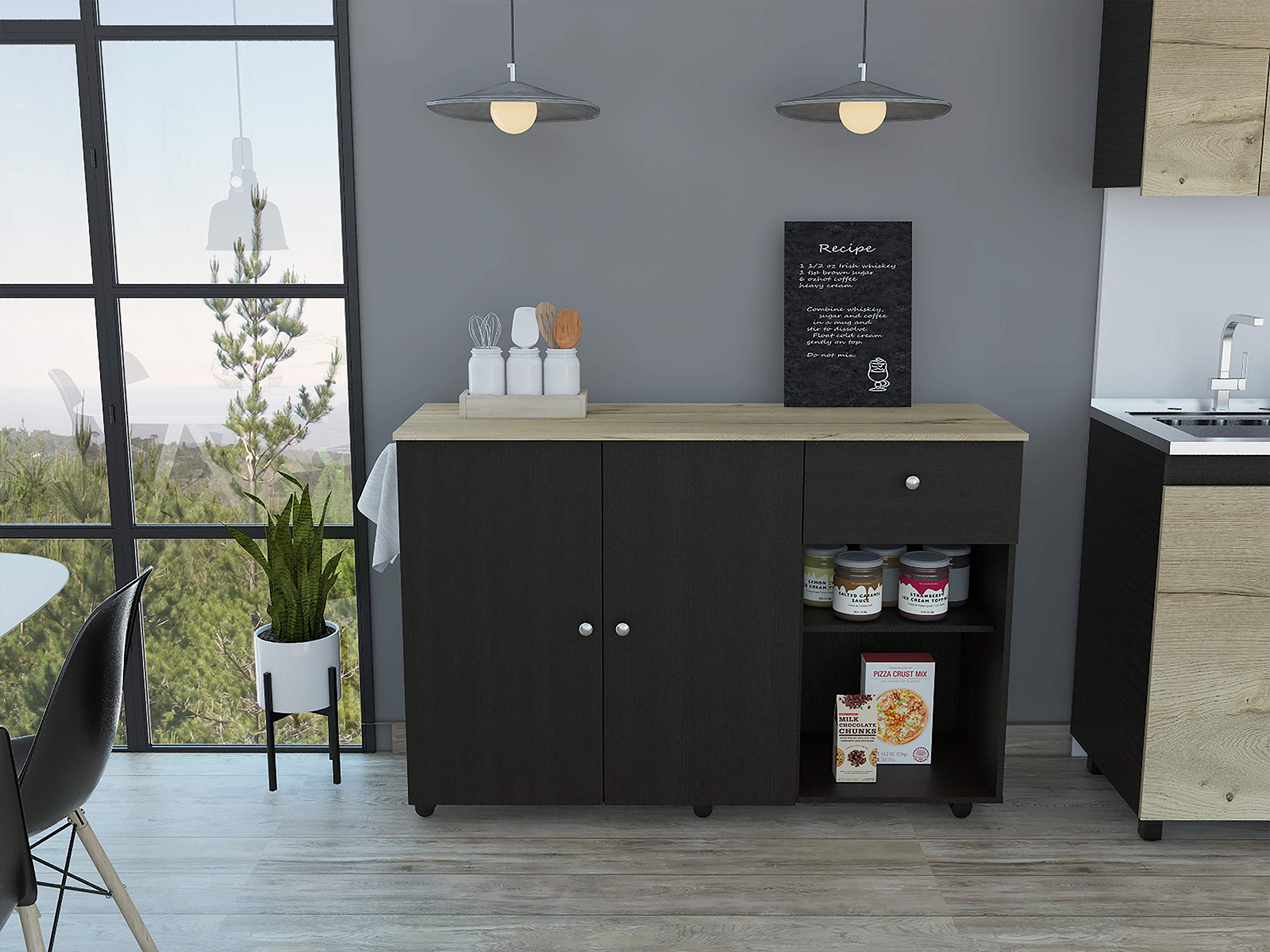 Chico Kitchen Island with 2 Cabinets, 2 Open Shelves & Drawer - Black Wenge Finish | Mobile Kitchen Cart with Storage for Small Spaces | Perfect for Apartments, Dorms & Compact Kitchens