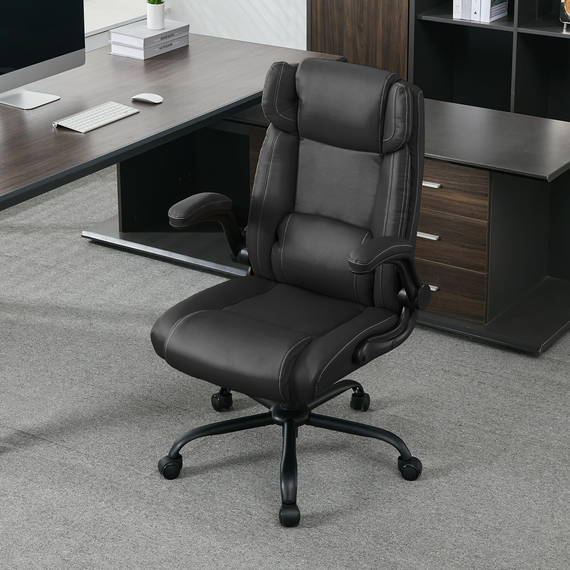 Ergonomic Mid Back Executive Leather Office Chair - Adjustable Flip-Up Arms & Rocking Function - Comfortable Computer Desk Chair for Home & Office Workspace (Black) - Perfect for Long Hours of Work, Gaming, and Video Conferencing