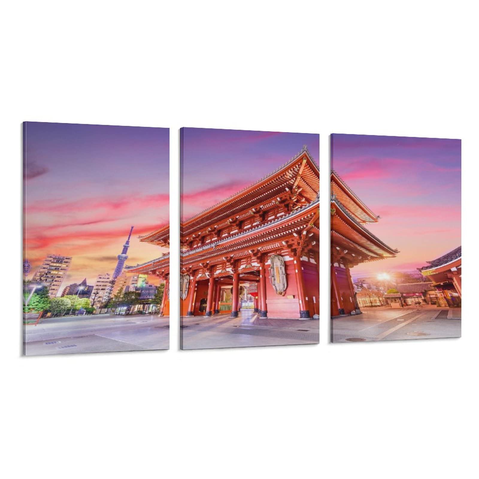 3-Piece Japanese Temple Gate & Tokyo Poster Set - Framed Canvas Wall Art Decor for Living Room & Bedroom (24x36) - Perfect for Asian-Themed Home Decor & Zen Office Spaces