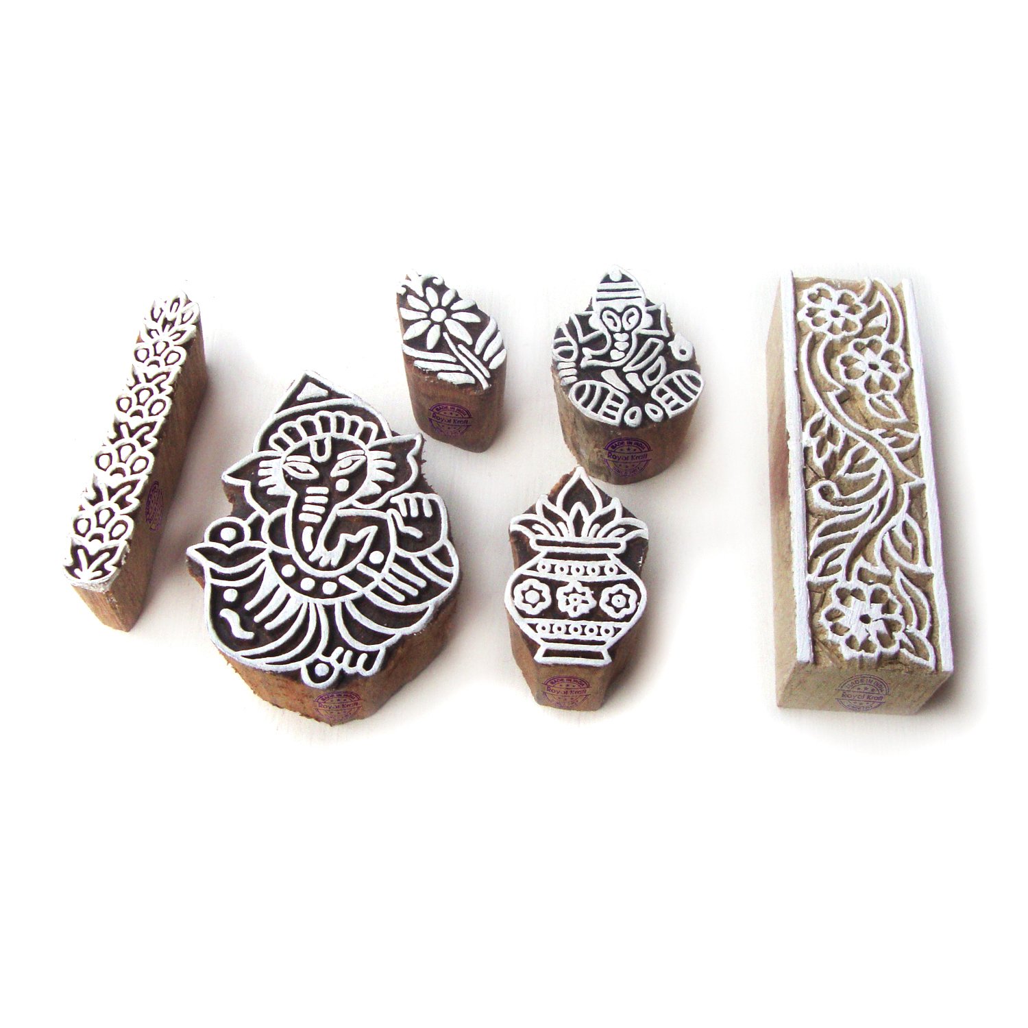 Handcrafted Ganesha & Kalash Wooden Block Stamp Set (6-Piece) - Perfect for Diwali Decor, Indian Wedding Invitations & DIY Craft Projects