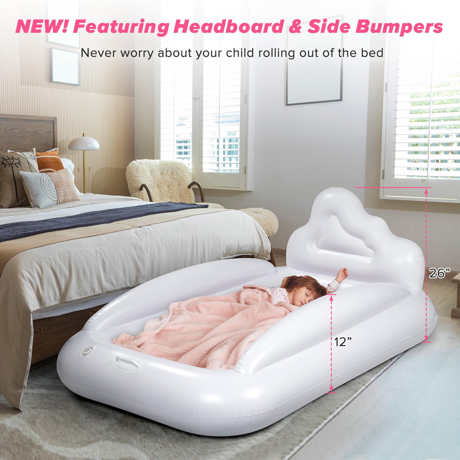 Inflatable Toddler Travel Bed - Portable Kids Air Mattress with Double-Sided Design & Safety Rails | Lightweight Blow Up Mattress for Toddlers | Perfect for Travel, Camping, Sleepovers & Indoor Play Areas