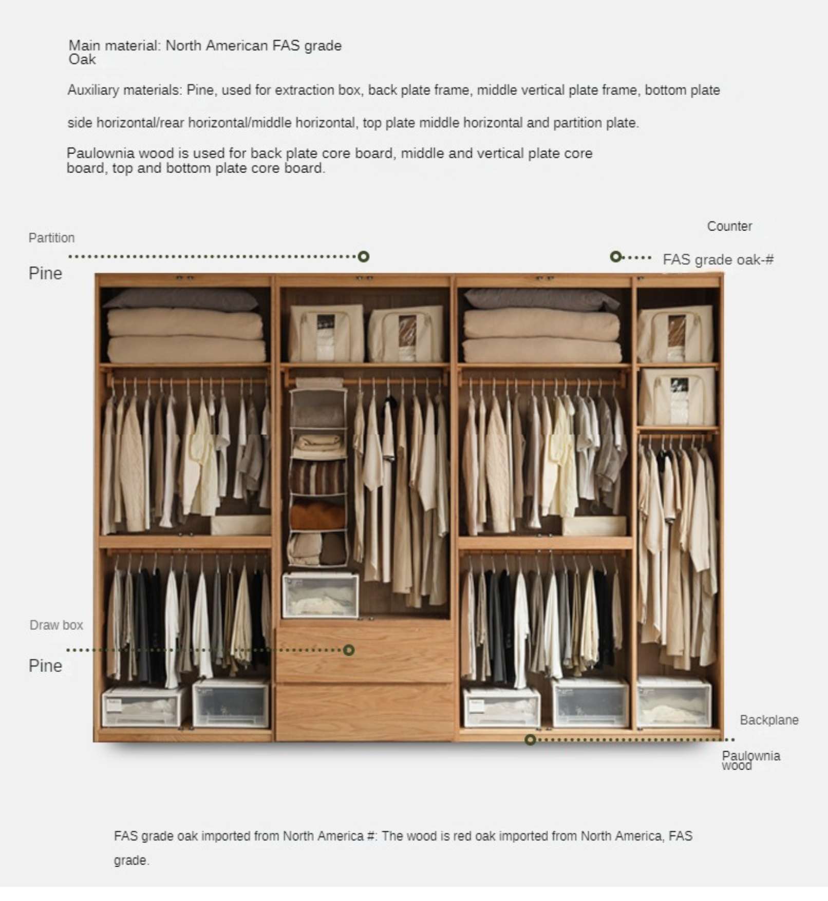 Oak Solid Wood Sectional Wardrobe - Spacious Modular Closet Organizer for Bedroom & Walk-in Closets | Durable Storage Solution for Clothes, Shoes & Accessories
