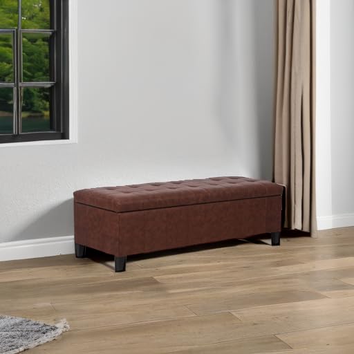 Joveco 51 Inch Tufted Leather Storage Ottoman Bench - Brown Upholstered Footrest Seat with Hidden Storage Compartment for Bedroom, Living Room & Entryway | Multi-Functional Furniture for Home Decor
