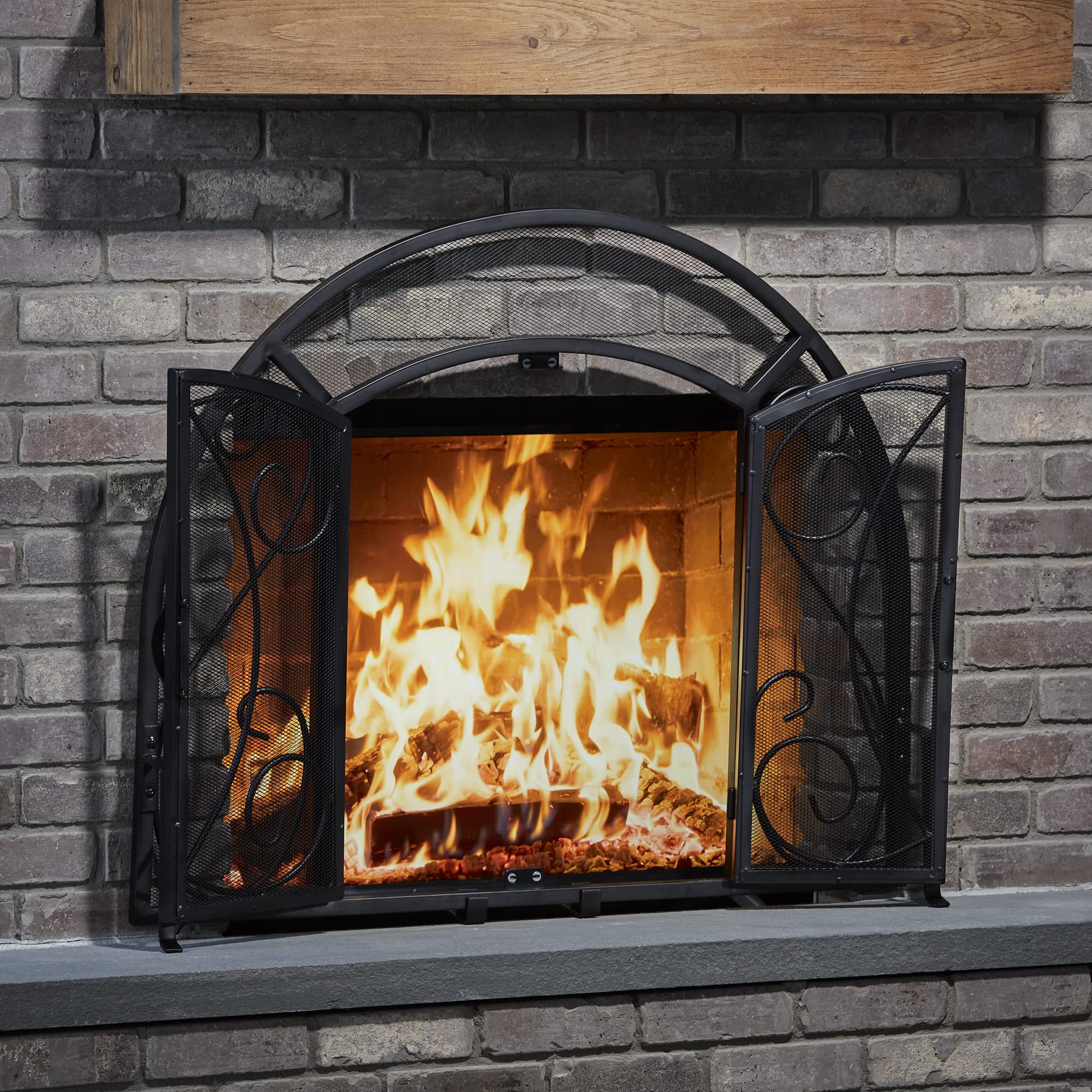 UniFlame Single Panel Black Wrought Iron Fireplace Screen with Doors - Elegant Fireplace Safety Guard for Living Room & Bedroom