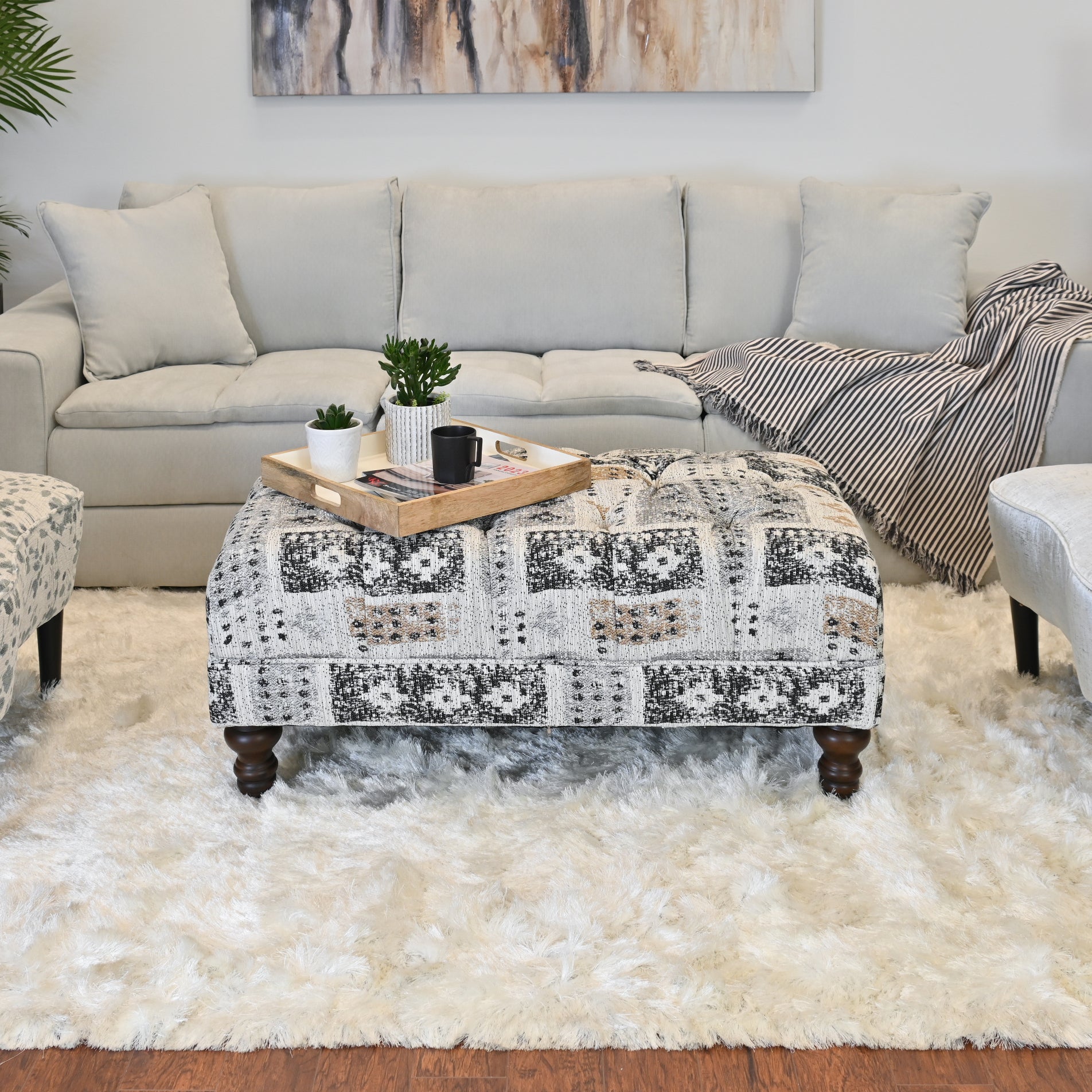 Roundhill Furniture Charbilia Fabric Tufted Cocktail Ottoman in Tupper Onyx - Stylish Living Room Footrest & Coffee Table for Modern Home Decor