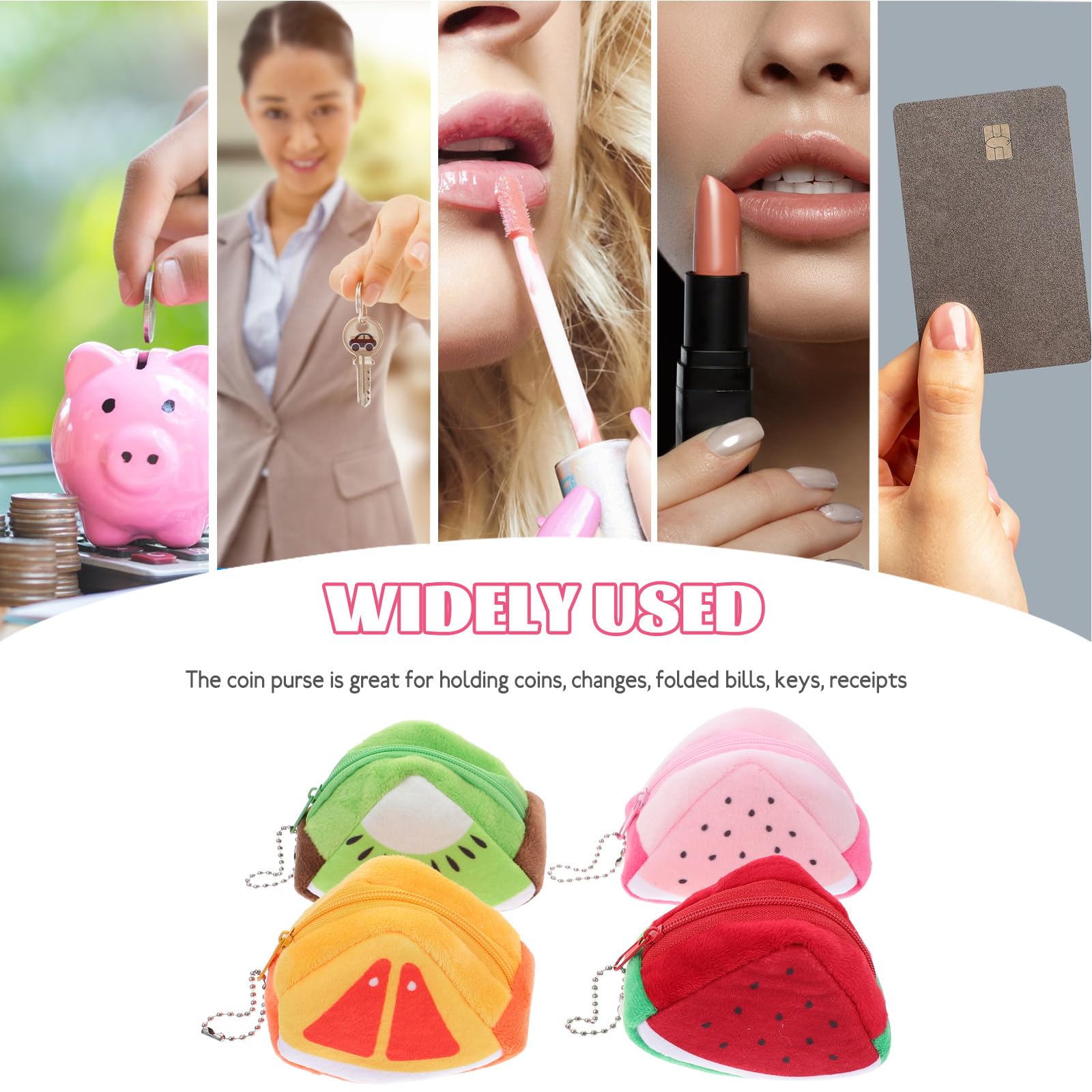 STOBOK 4-Piece Cute Fruit Coin Purse Set - Plush Triangle Wallet with Watermelon, Orange, Dragon Fruit & Kiwi Patterns - Mini Pouch for Kids, Teens & Women - Perfect for School, Travel & Gift Giving