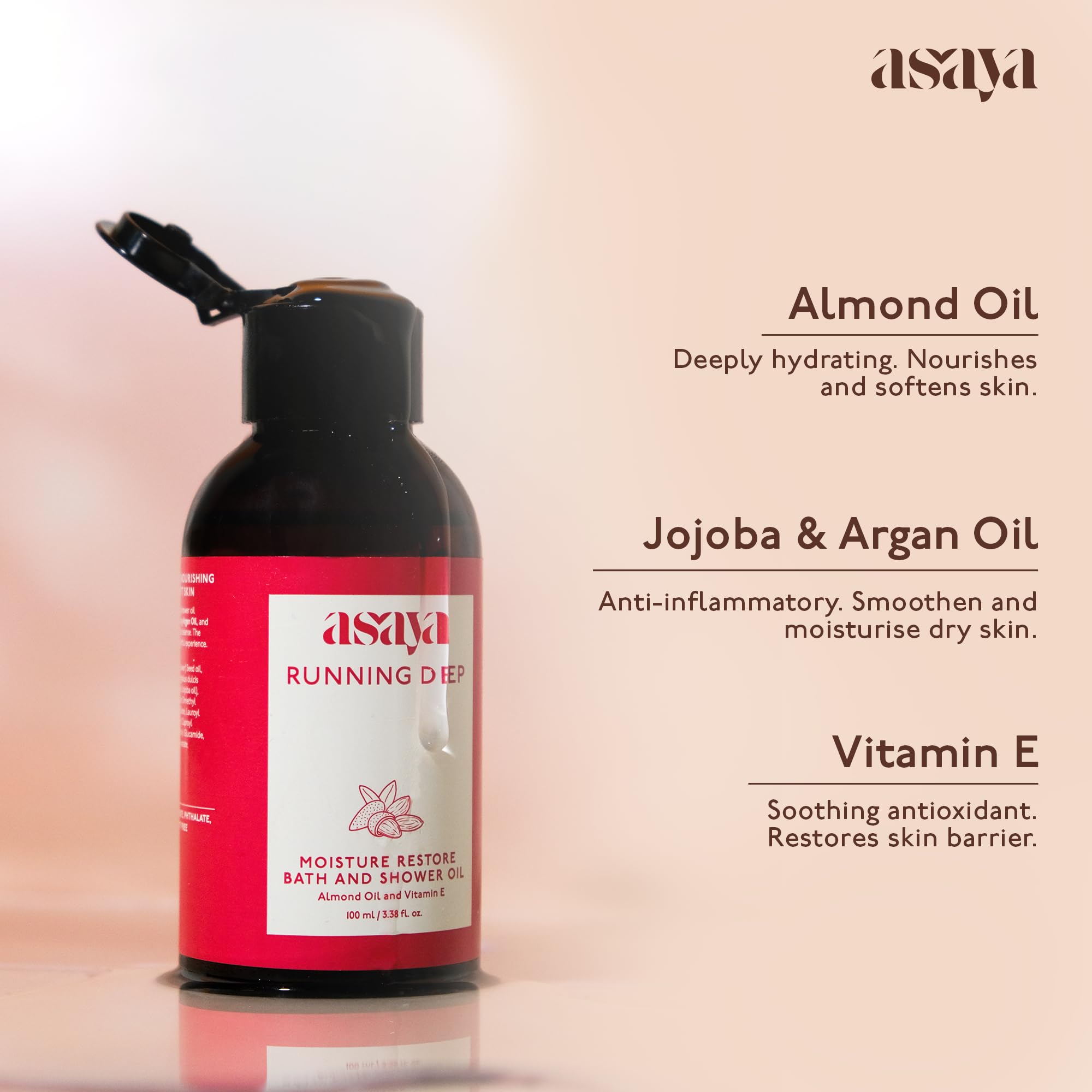 Asaya Deep Moisture Bath & Shower Oil (100ml) - Hydrating Oil-Based Body Wash with Almond, Jojoba & Argan Oils - Vitamin E Enriched, Soap-Free Cleanser for All Skin Types - Phthalate & Sulfate Free - Perfect for Dry Skin Care & Spa-Like Relaxation at Home