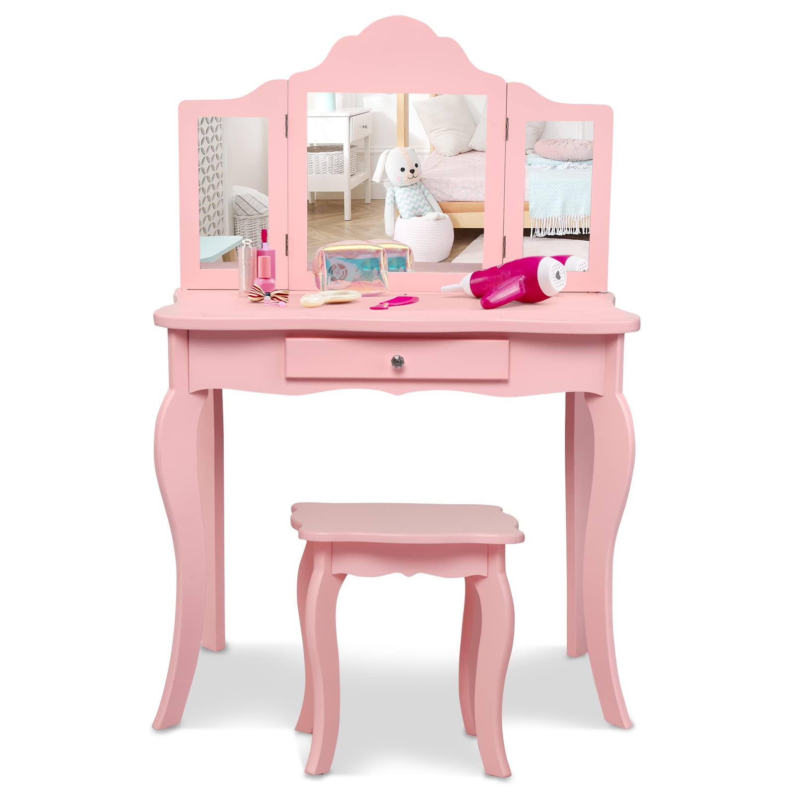 Honey Joy Kids Vanity Set with Mirror & Stool - Wooden Toddler Makeup Table for Girls (Pink) - Perfect for Pretend Play & Room Decor