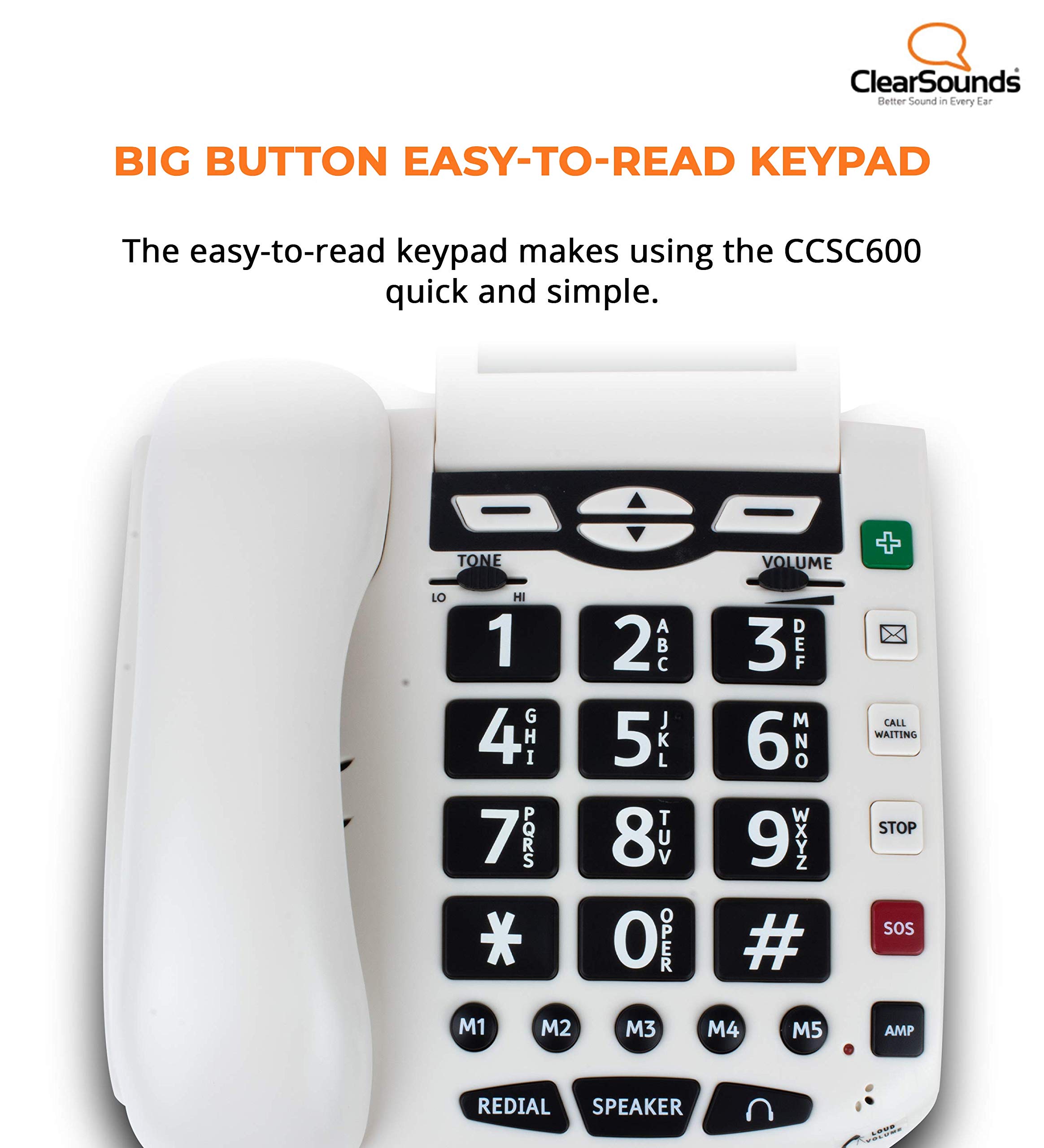 CSC600 UltraClear Amplified Corded Telephone with Emergency Medical Alert Buttons - Single Line Operation, AC Powered for Seniors & Home Use