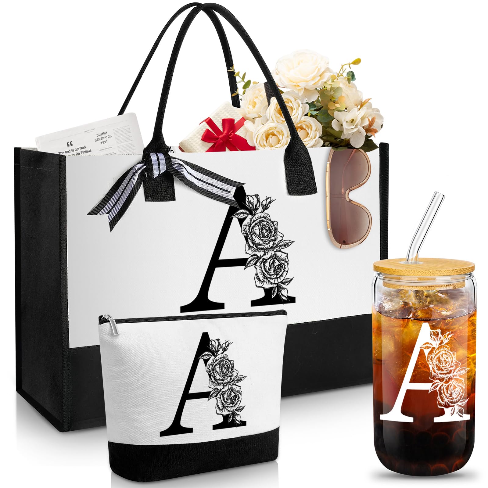 Personalized Monogram Canvas Tote Bag & Glass Coffee Cup Set - Custom Initial Gifts for Women, Perfect for Work, Travel & Everyday Use