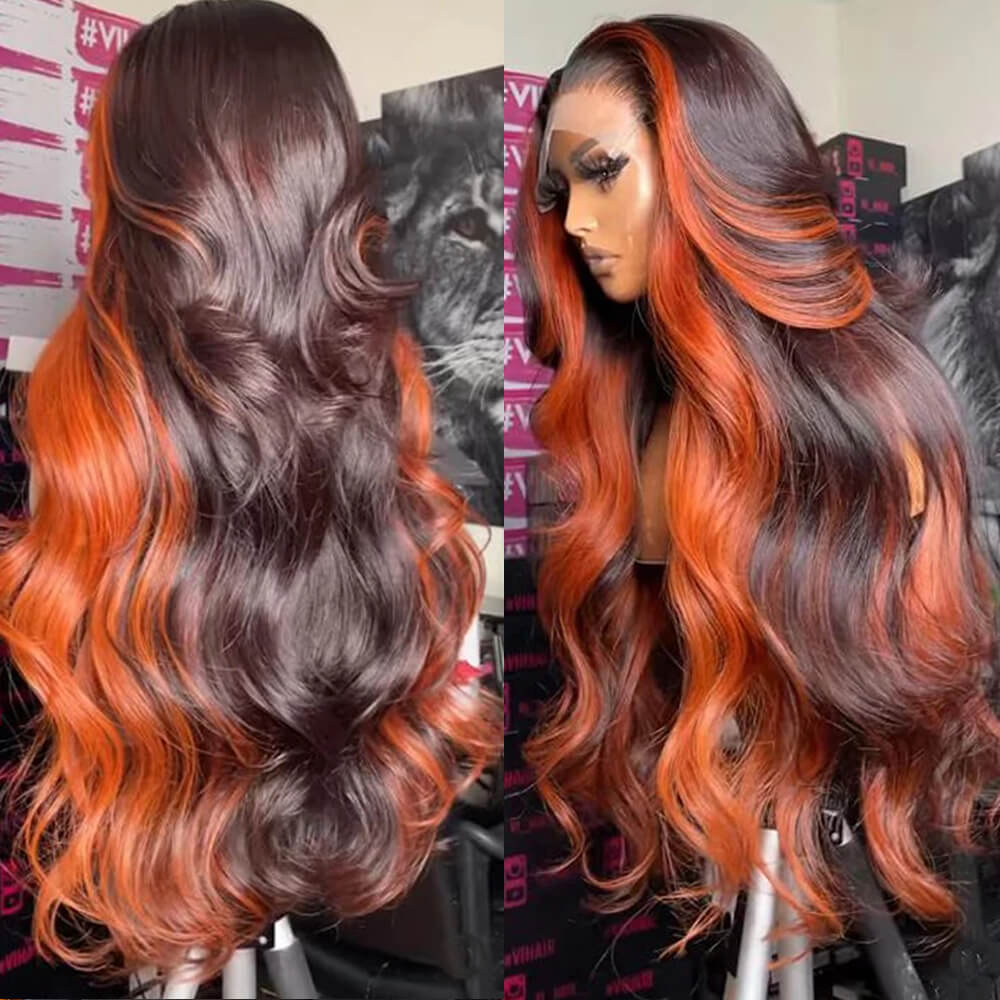 Eullair Highlight Body Wave Lace Frontal Human Hair Wig - Natural Inner Green Orange Color | Perfect for Cosplay, Daily Wear & Special Occasions
