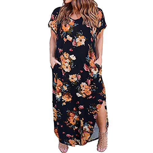 Malbaba Women's Casual Loose Pocket Long Dress - Boho Floral Printed Short Sleeve Plus Size Slit Maxi Dress for Summer Beach, Vacation & Boho Chic Outfits