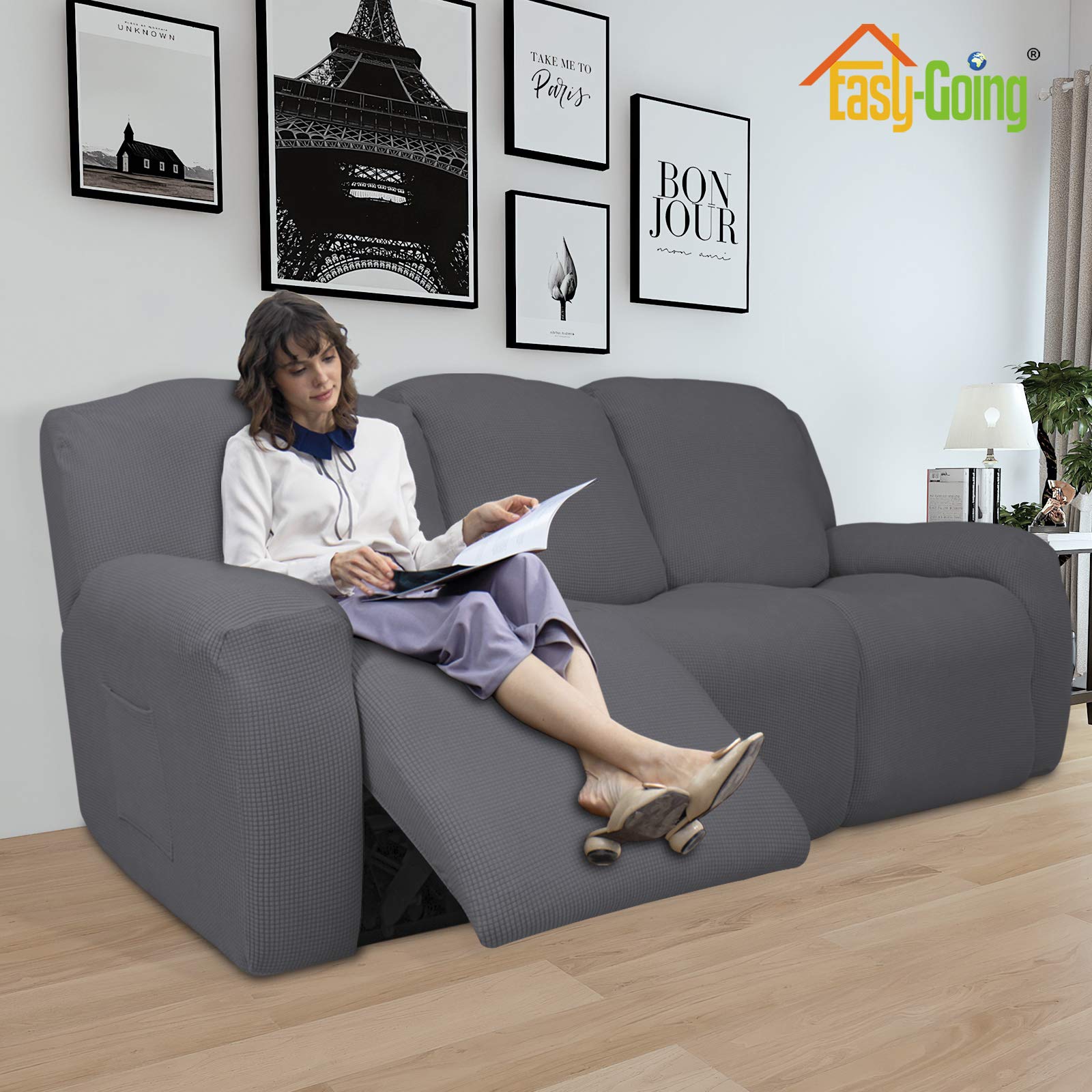 8-Piece Stretch Recliner Sofa Slipcover Set - Spandex Jacquard Fabric with Elastic Bottom, Gray Small Checks - Furniture Protector for Couch, Kids & Pets - Perfect for Living Room, Family Room & Home Theater