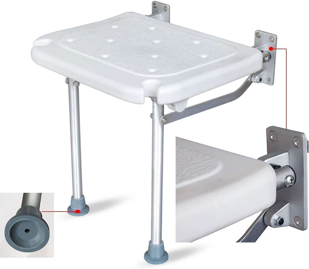Foldable Wall Mounted Shower Chair for Elderly - Aluminum Frame Bath Seat with Support Leg for Seniors, Pregnant & Disabled - Non-Slip Shower Stool for Safe Bathing at Home, Hospital or Nursing Care