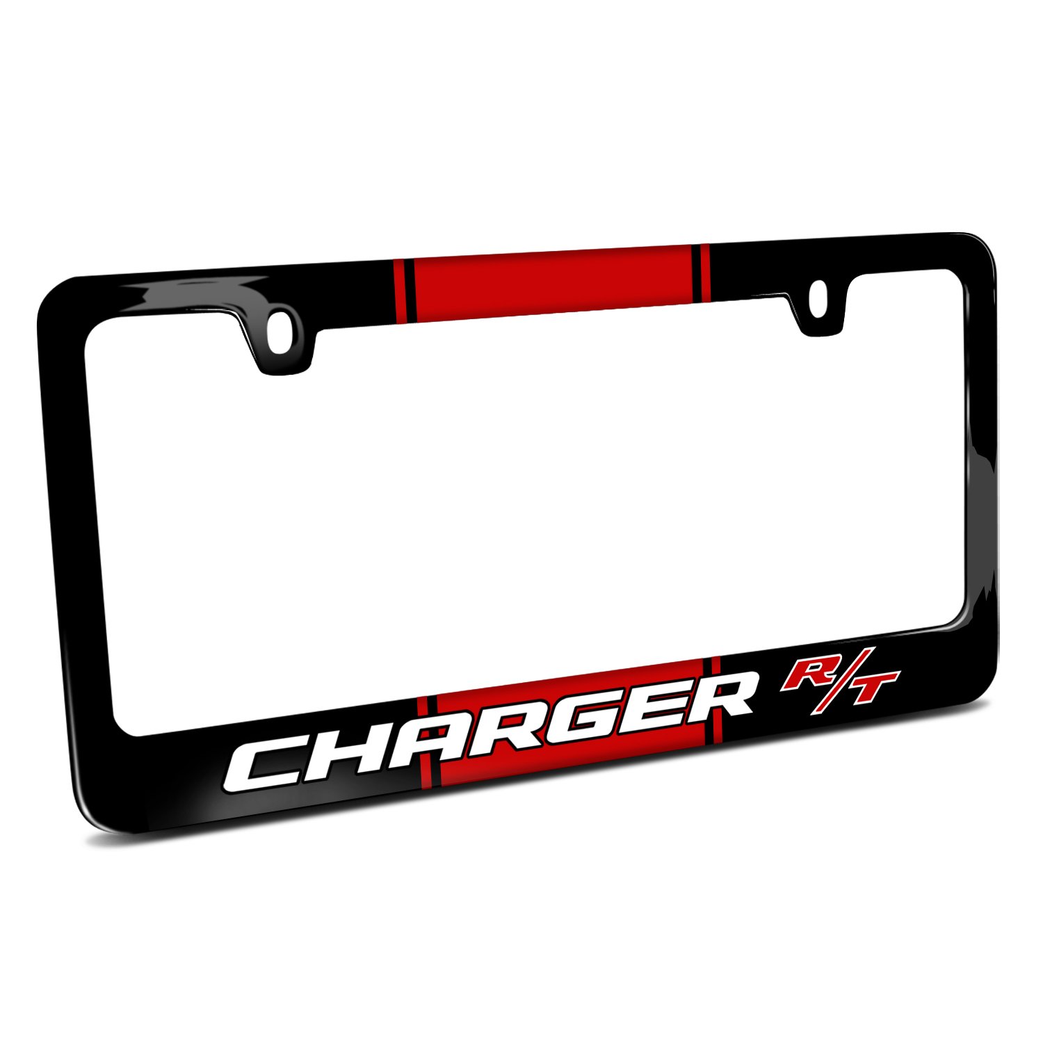 Black Metal License Plate Frame for Dodge Charger R/T - Racing Stripe Design - Durable & Stylish Car Accessory for Street & Show Cars