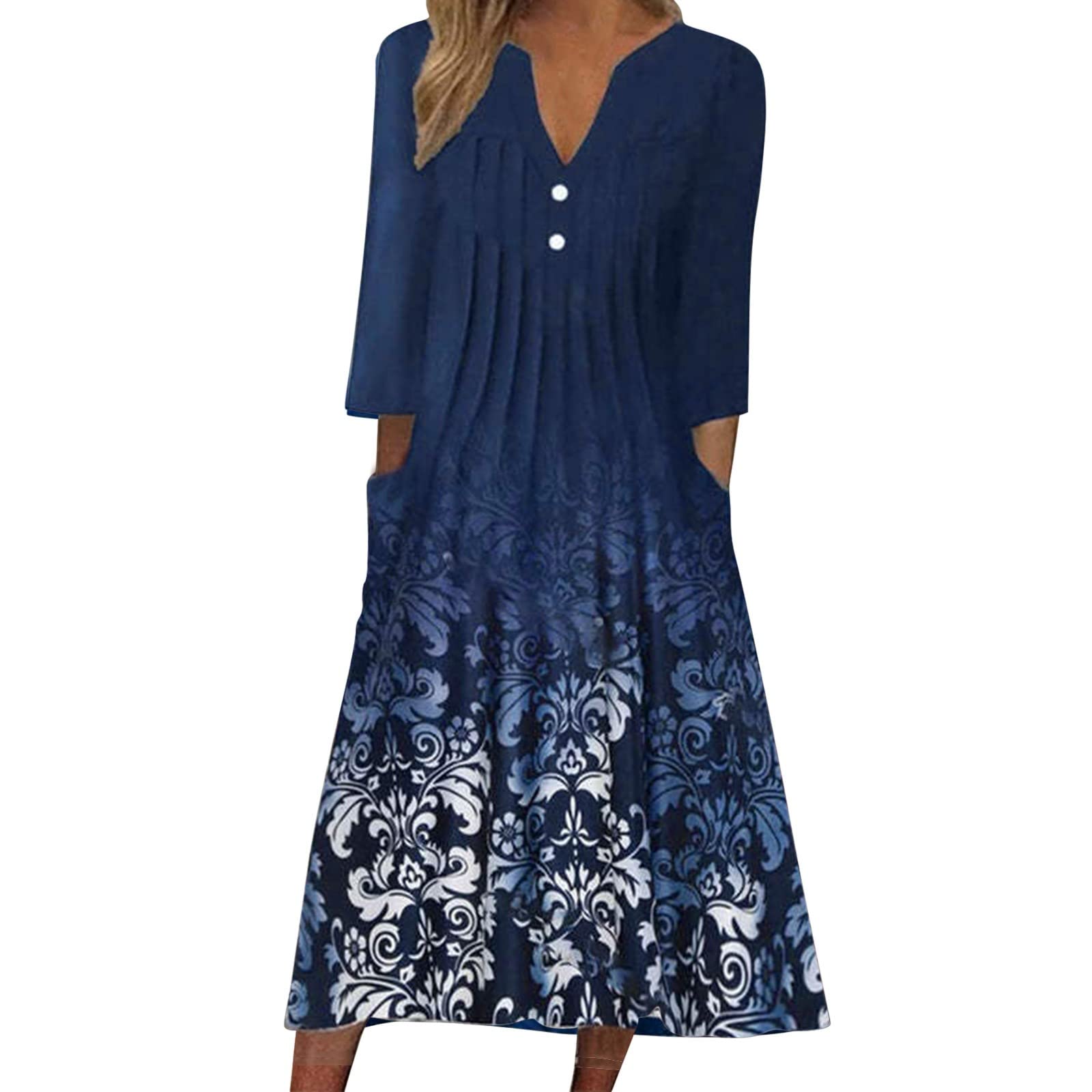 Women's Floral Print Summer Casual Midi Dress with Button Up Long Sleeves & Pocket - Perfect for Parties, Beach Outings & Everyday Wear