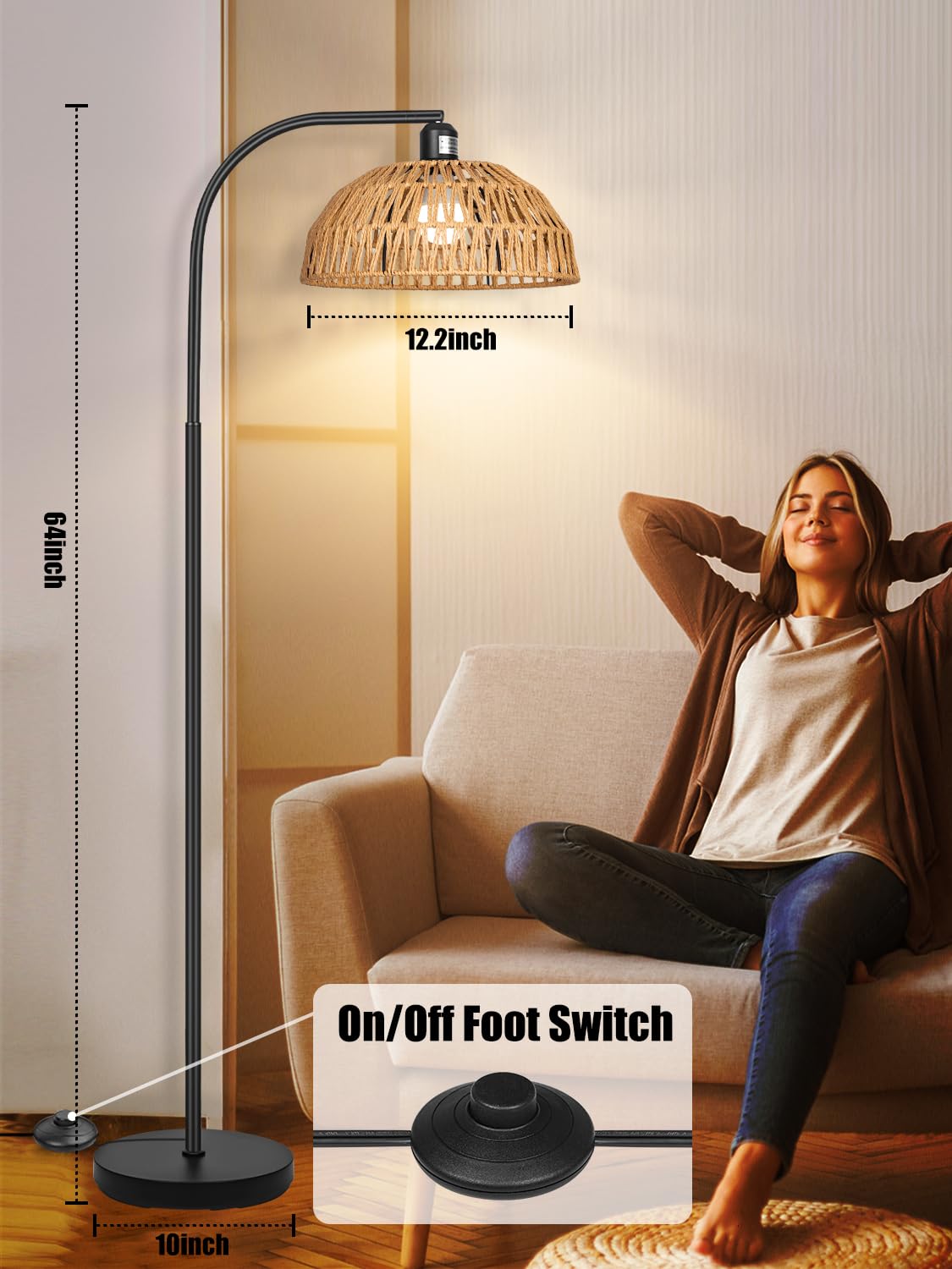 Modern Black Rattan Floor Lamp with Remote Control & Dimmable LED Bulb - Adjustable Hand-Woven Shade for Living Room, Bedroom, or Office Lighting Decor