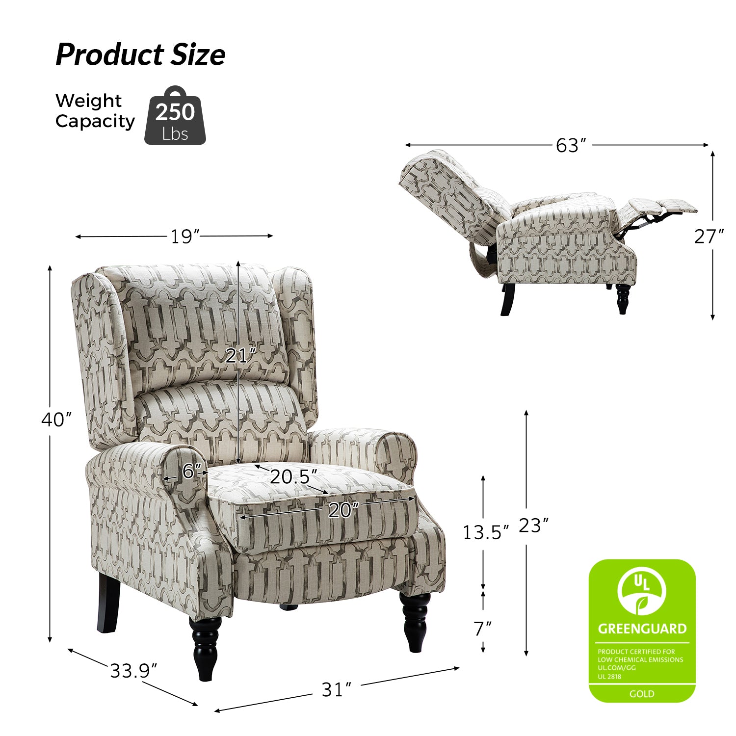 Erdeni Upholstered Manual Wingback Recliner Chair - Comfortable Living Room Armchair with Smooth Reclining Mechanism - Perfect for Home Theater, Reading Nook & Relaxation