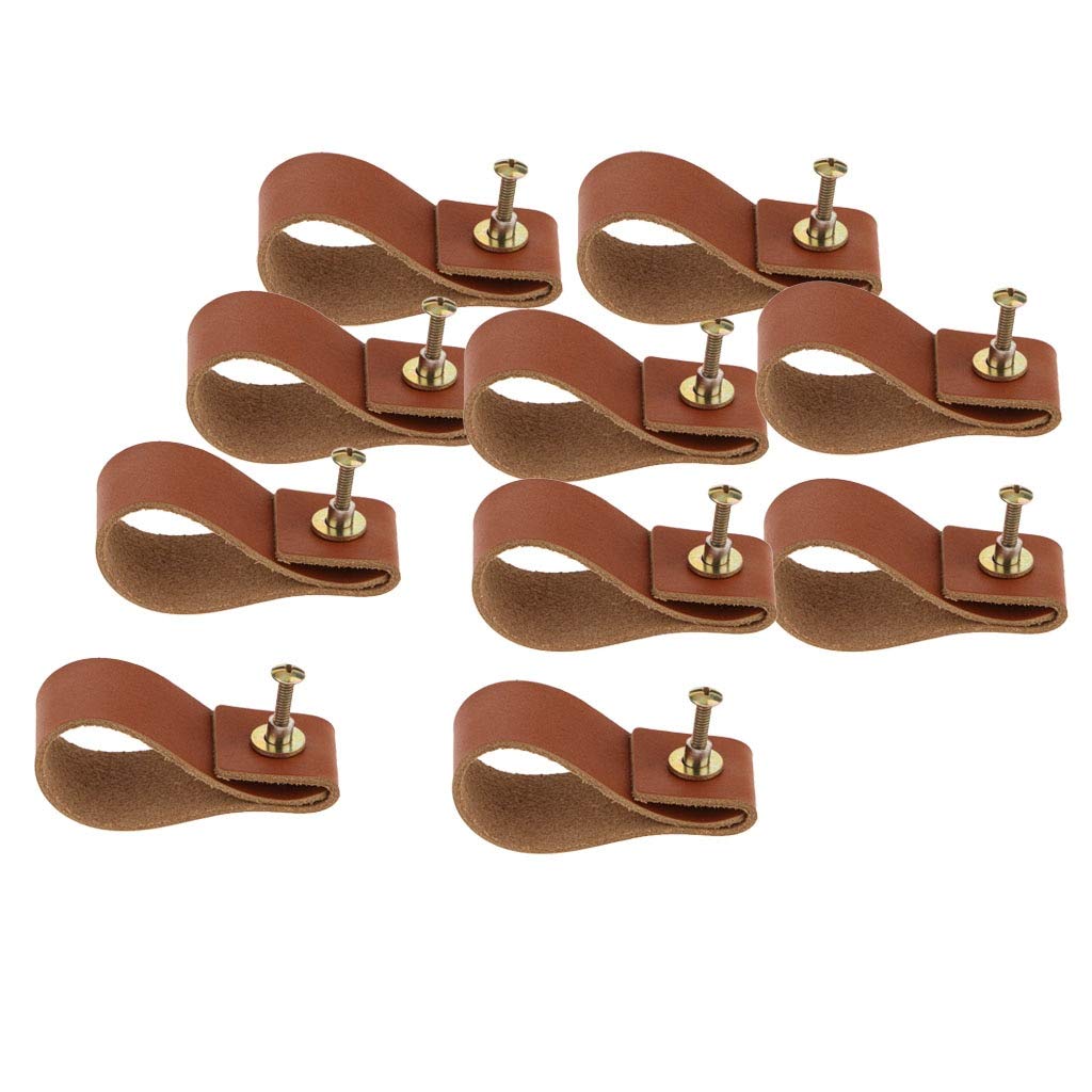 Minimalist Leather Cabinet Pulls - 10 Pack Single Hole Handles for Drawers & Doors | Handmade Loop Pulls for Kitchen Cabinets, Dressers & Furniture (Brown)