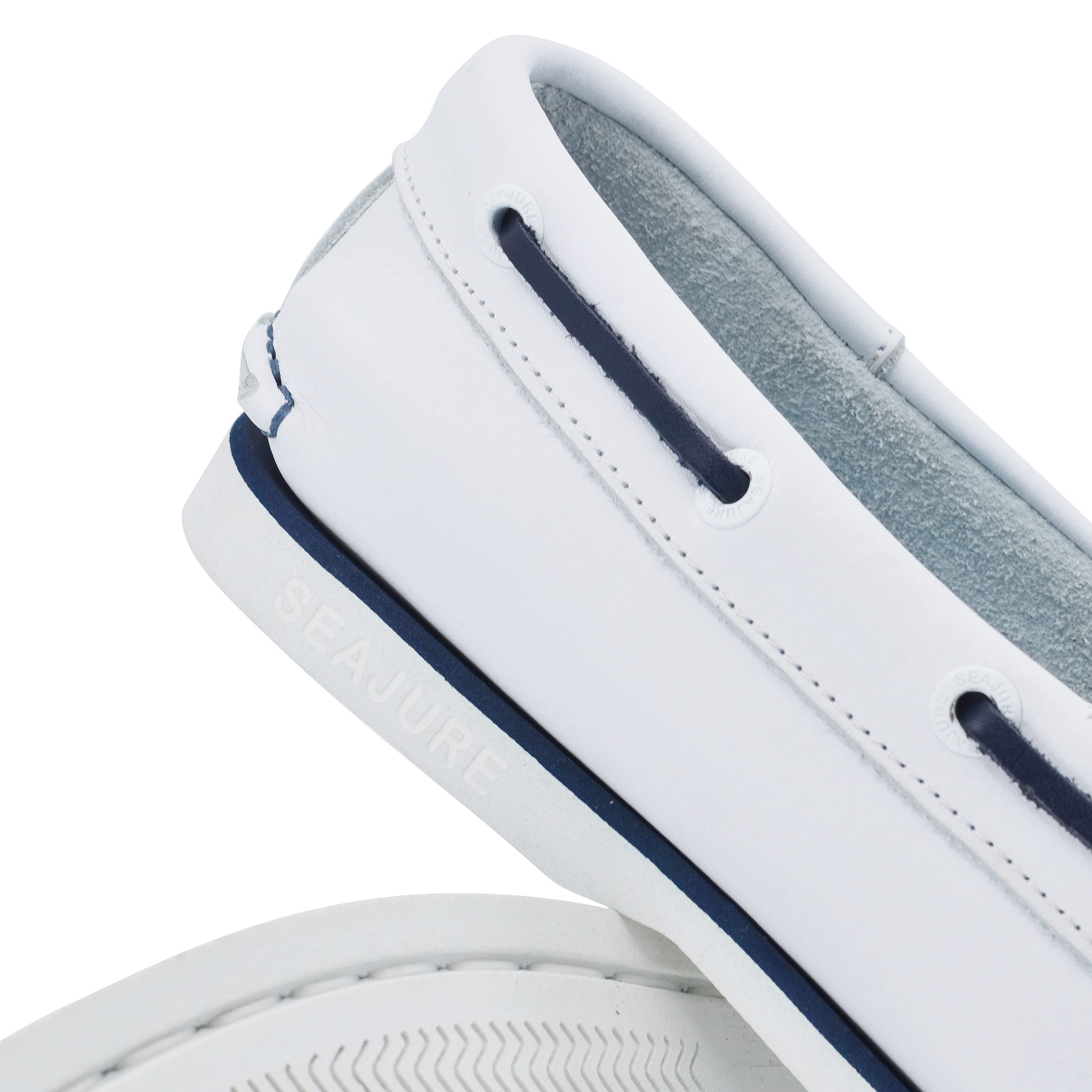 Seajure Men's Boat Shoes - White & Navy Blue Leather Deck Shoes for Casual Wear, Sailing, and Outdoor Activities