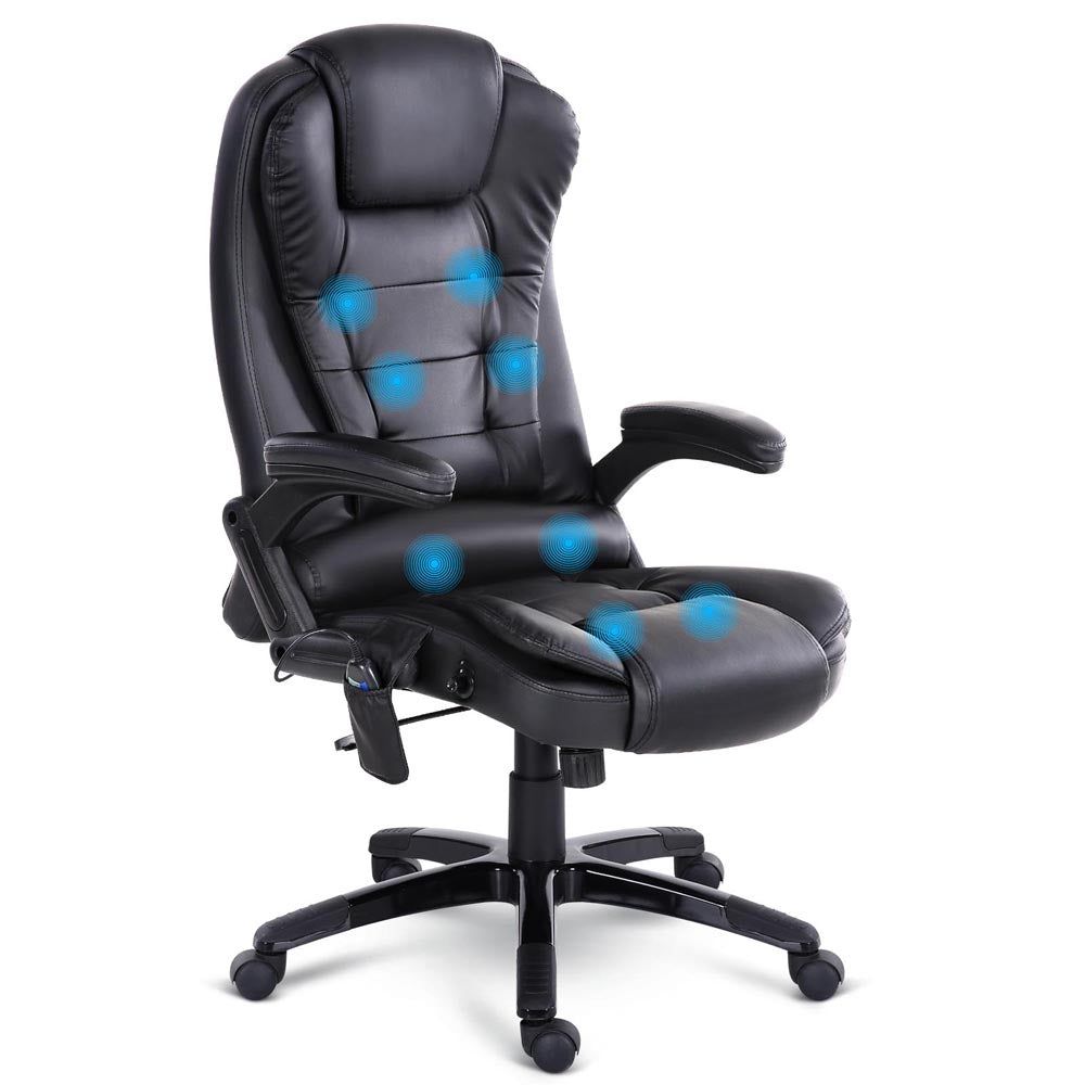 Artiss 8-Point Massage Office Chair - Ergonomic PU Leather Executive Chair with Lumbar Support - Black - Perfect for Home Office, Gaming & Workspaces