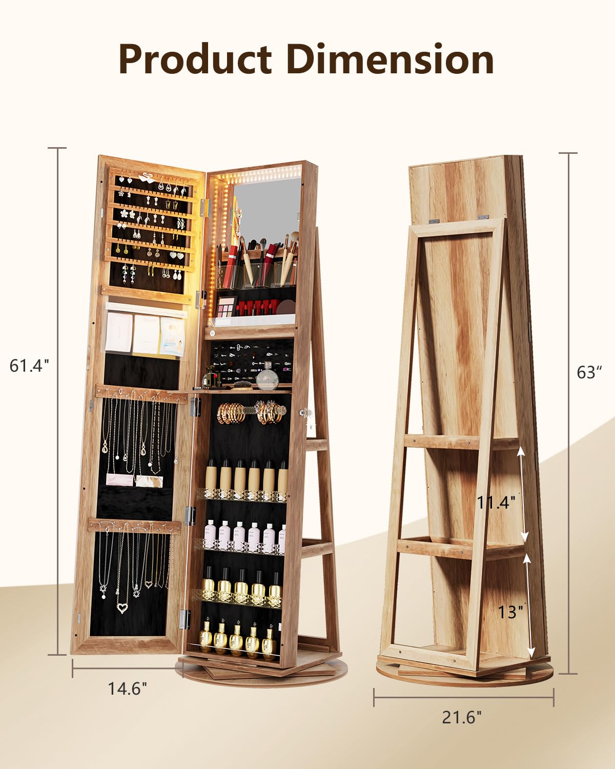 360° Rotating Jewelry Armoire with LED Lights - 63