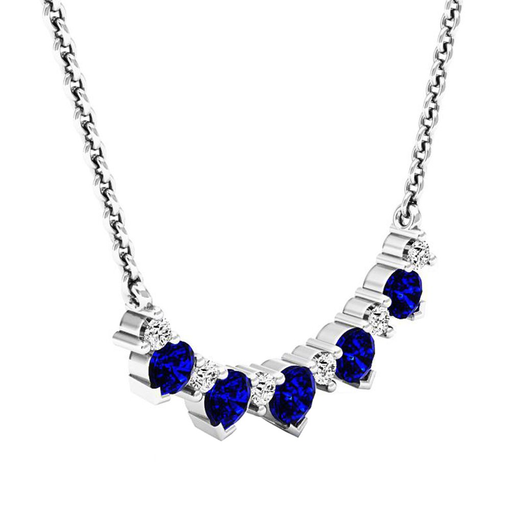 10K Solid White Gold Round Blue Sapphire & Diamond Women's Necklace - Elegant Silver Chain Jewelry for Weddings, Parties & Special Occasions