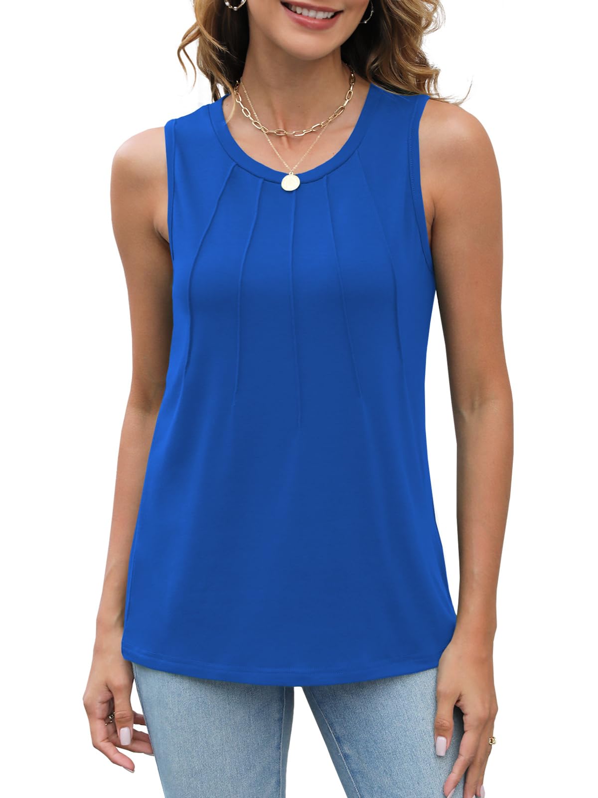Heymiss Women's Summer 2024 Loose Fit Pleated Round Neck Sleeveless Tank Tops - Breathable Casual Blouse for Beach, Vacation & Daily Wear (Sizes S-2XL)