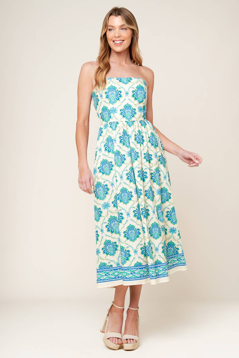Elegant Strapless Midi Dress in Blue & Green - Perfect for Weddings, Parties & Summer Outings