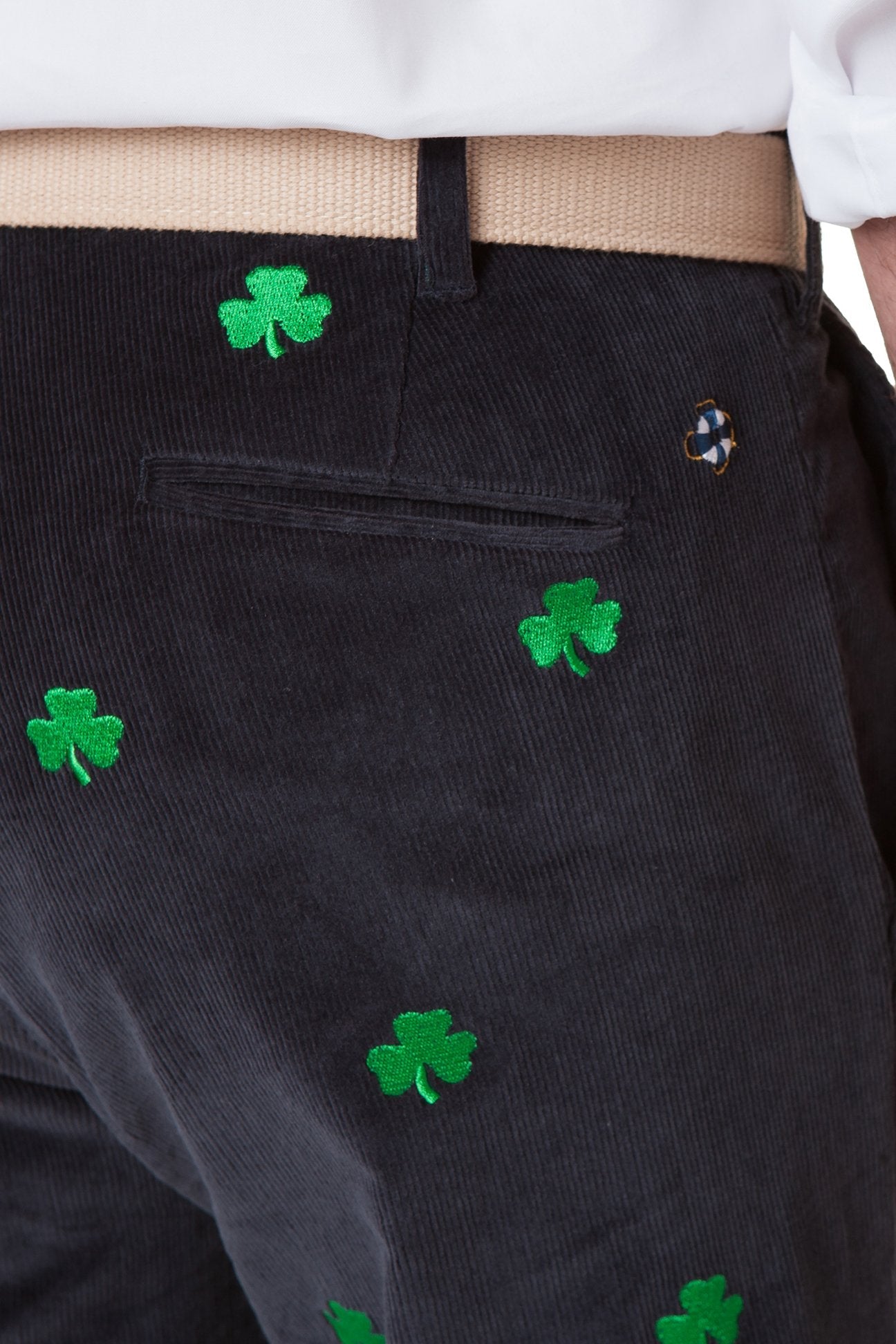 Beachcomber Corduroy Pants for Men - Nantucket Navy with Shamrock Design - Comfortable Casual Trousers for Beach, Travel & Everyday Wear