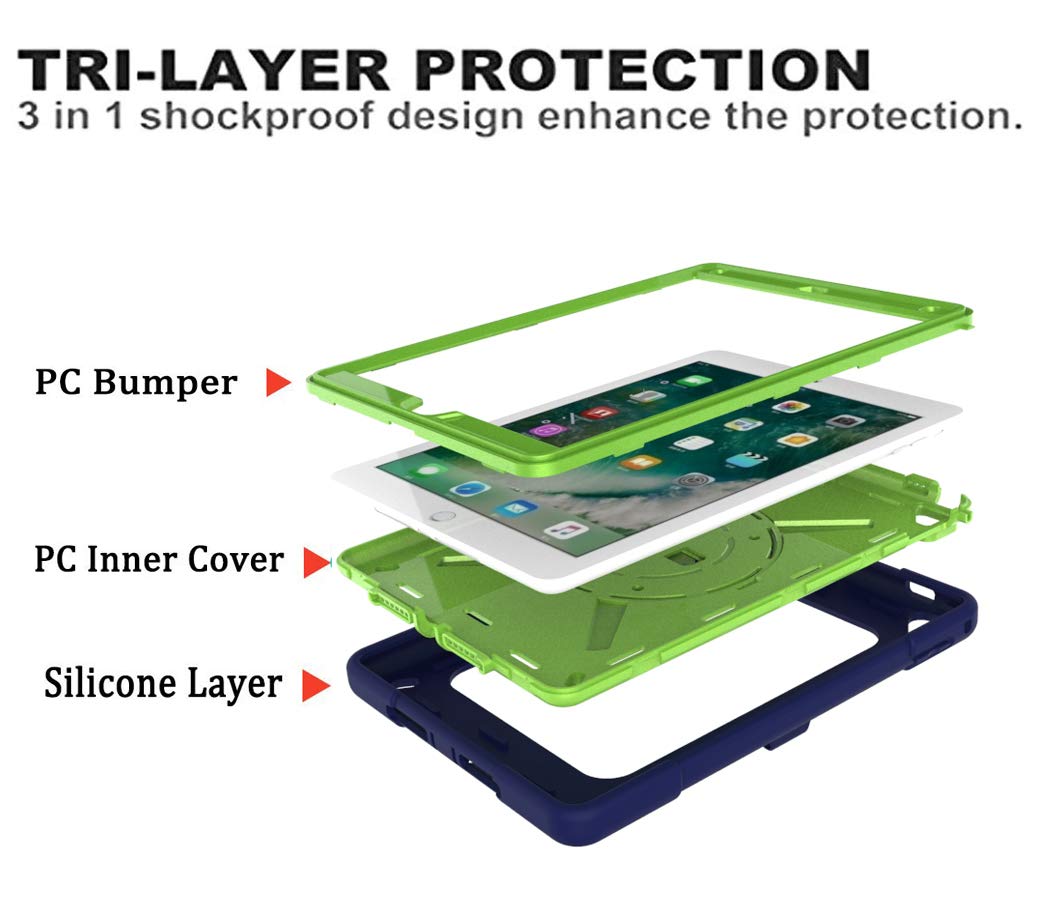360° Rotating Handle Shockproof iPad Case with Kickstand & Pencil Holder - Compatible with iPad Air 2, iPad Pro 9.7 (2016), iPad 6th/5th Gen & New iPad 9.7 (2017/2018) | Navy Blue & Olive Green | Perfect for Work, Travel & School Use