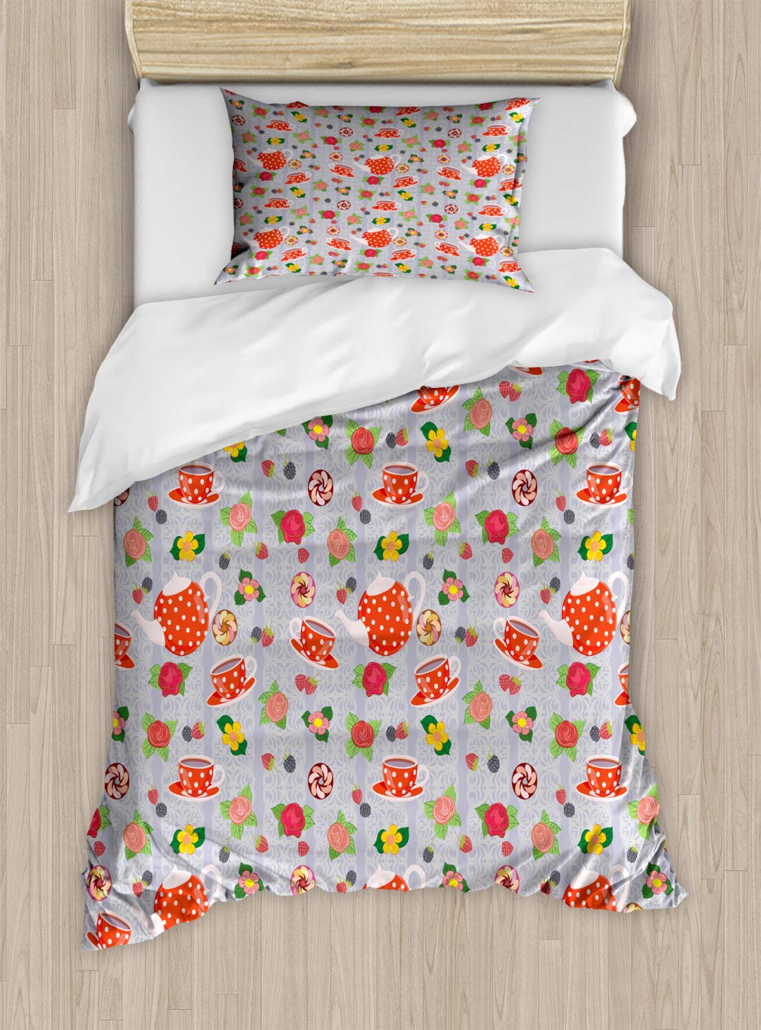 Ambesonne Cartoon Duvet Cover Set - Retro Polka Dot Teapot Design with Orange Flowers, 2-Piece Twin Size Bedding Set (Duvet Cover + Pillowcase) - Vibrant Multicolor Print for Kids Room, Guest Bedroom & Cozy Home Decor