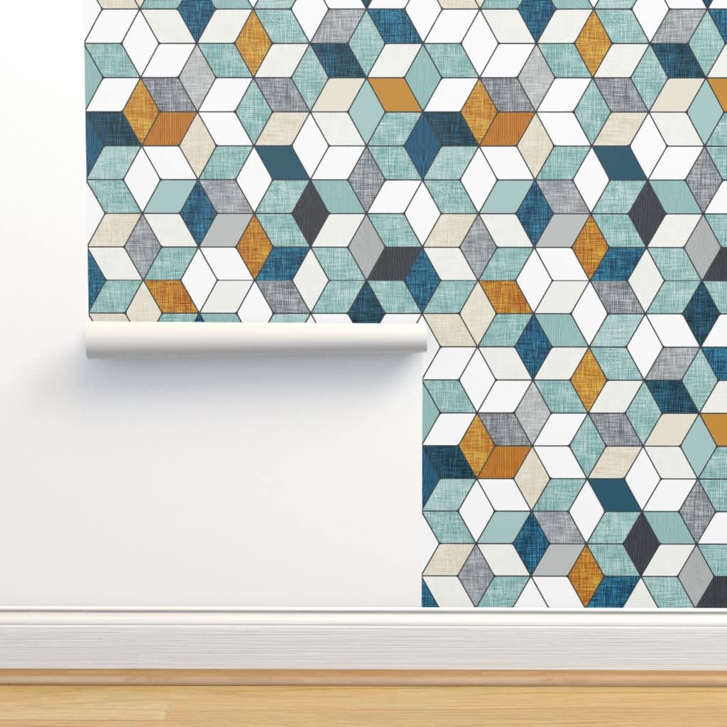 Peel & Stick Removable Wallpaper 12ft x 2ft - Hexagon Geometric Pattern in Navy Blue, Mint & Mustard | Nursery Decor, Baby Boy Room, Woodgrain Accent Wall | DIY Home Decor, Bedroom Makeover, Rental Friendly