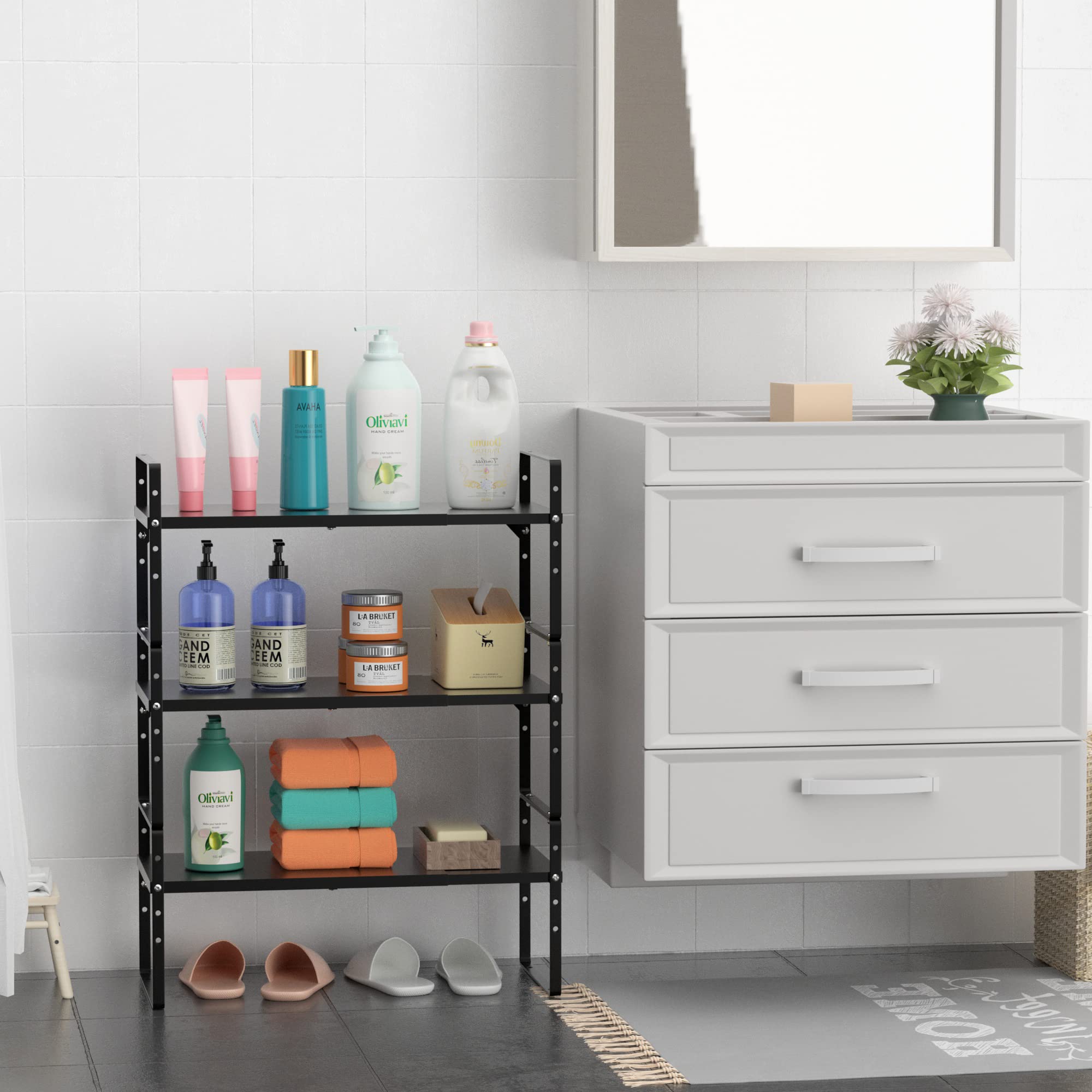 iPEGTOP Expandable Cabinet Organizer - Heavy Duty Steel Spice Rack with Adjustable Height (3 Pack, Black) | Perfect for Kitchen Counter, Pantry, Garage & Office Storage | Space Saving Shelf Riser for Home Organization