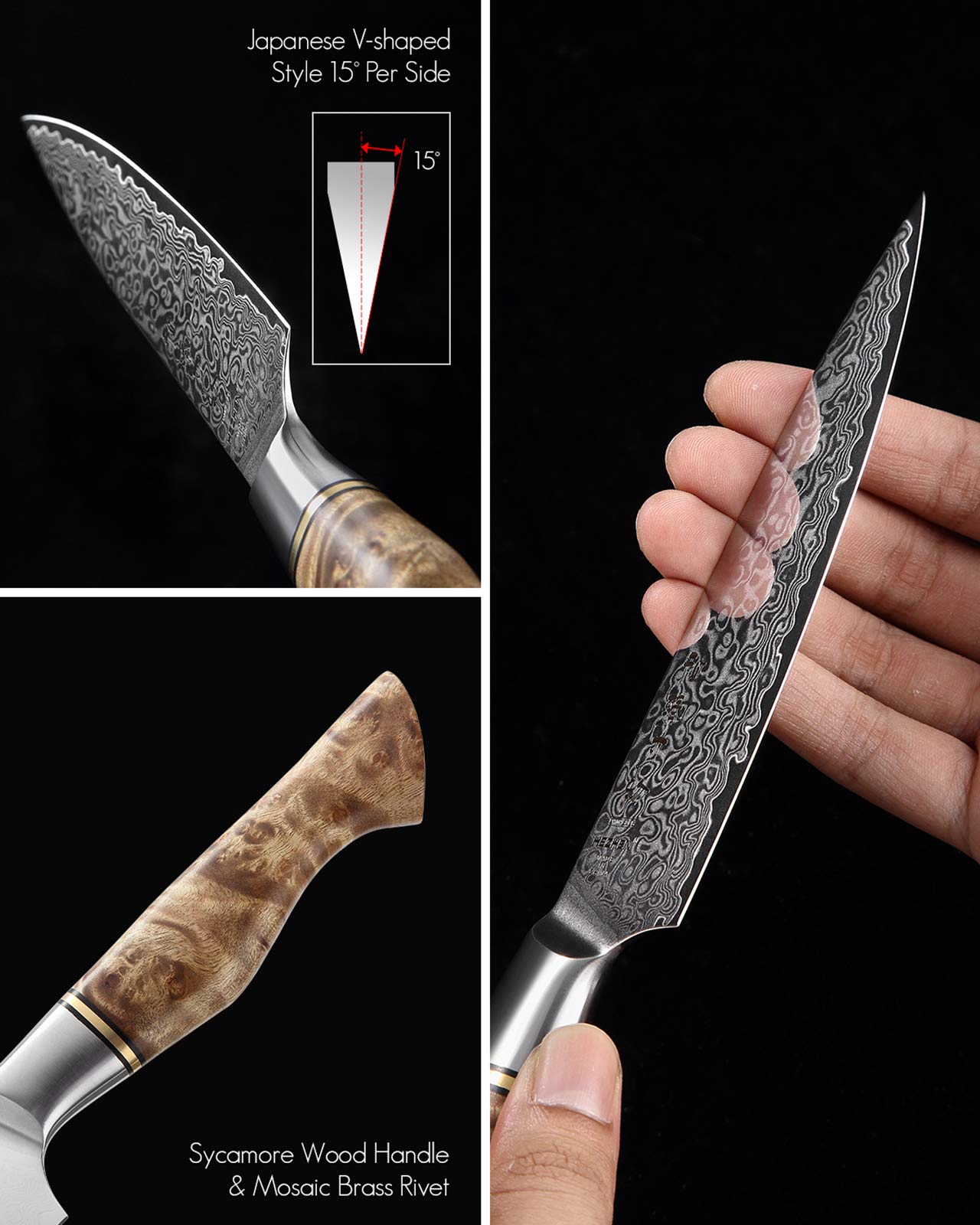 Premium Damascus Steel Kitchen Knives Set - Japanese Style Chef Knife, Utility Knife & Santoku Knife with Figured Sycamore Wood Handle - Perfect for Professional Chefs, Home Cooking & Gourmet Food Preparation