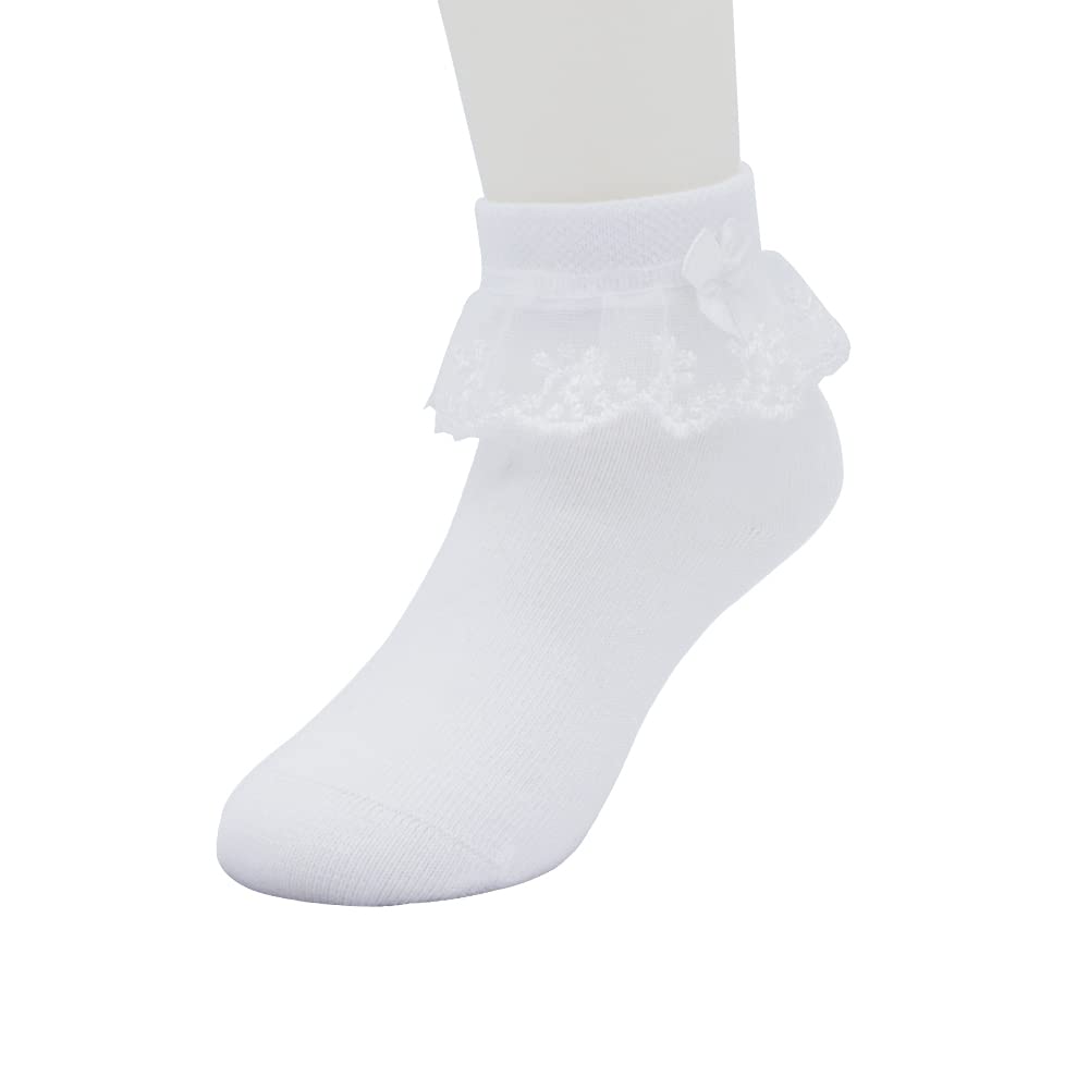 Girls Ruffle Ankle Socks - White Cotton School Socks with Lace Trim & Bows for Kids Ages 3-16 | Cute Everyday Wear for School, Parties & Special Occasions